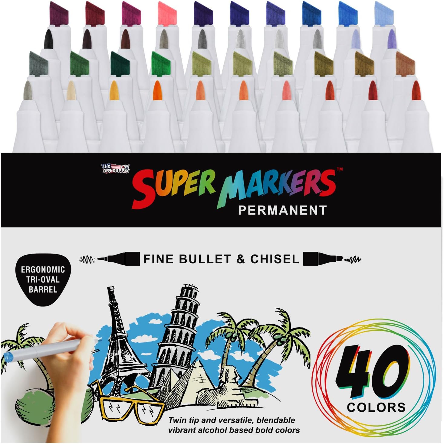 40 Color Super Markers Primary Tones Dual Tip Set - Double-Ended Permanent Art Markers with Fine Bullet and Chisel Point Tips - Ergonomic Tri-Oval Barrels - Draw, Sketch, Illustrate, Render, Manga