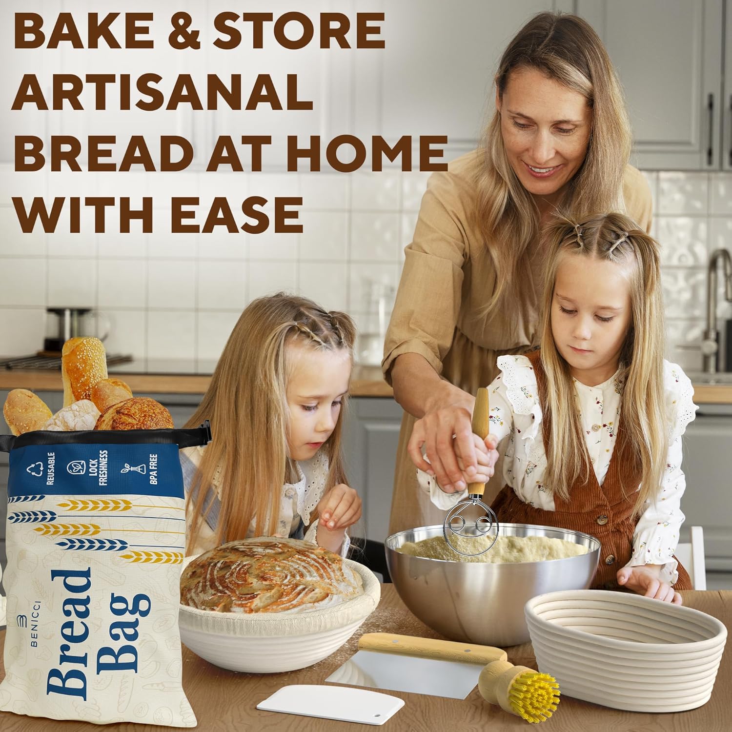 Complete Bread Proofing Baskets Set - Includes 9" & 10" Banneton Basket, 2 Large Reusable Bread Bags & All Needed Bread Baking Supplies - Perfect Tools for Baking Enthusiasts - Great Christmas Gift