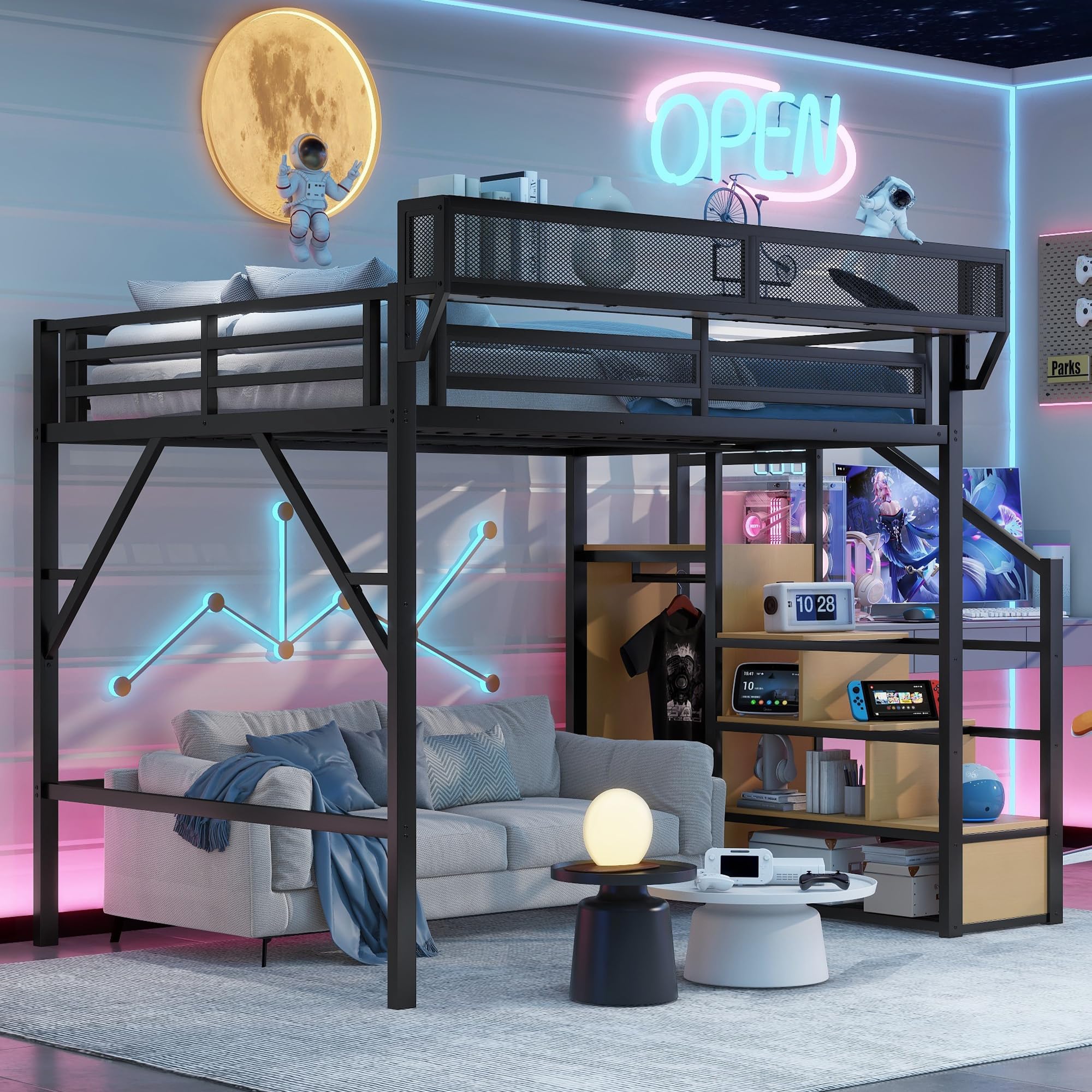 queen size loft bed with stairs and storage, metal loft bed frame with bedside shelf and large under-bed space, heavy-duty beds for adults teens and kids, black (2 boxes total)