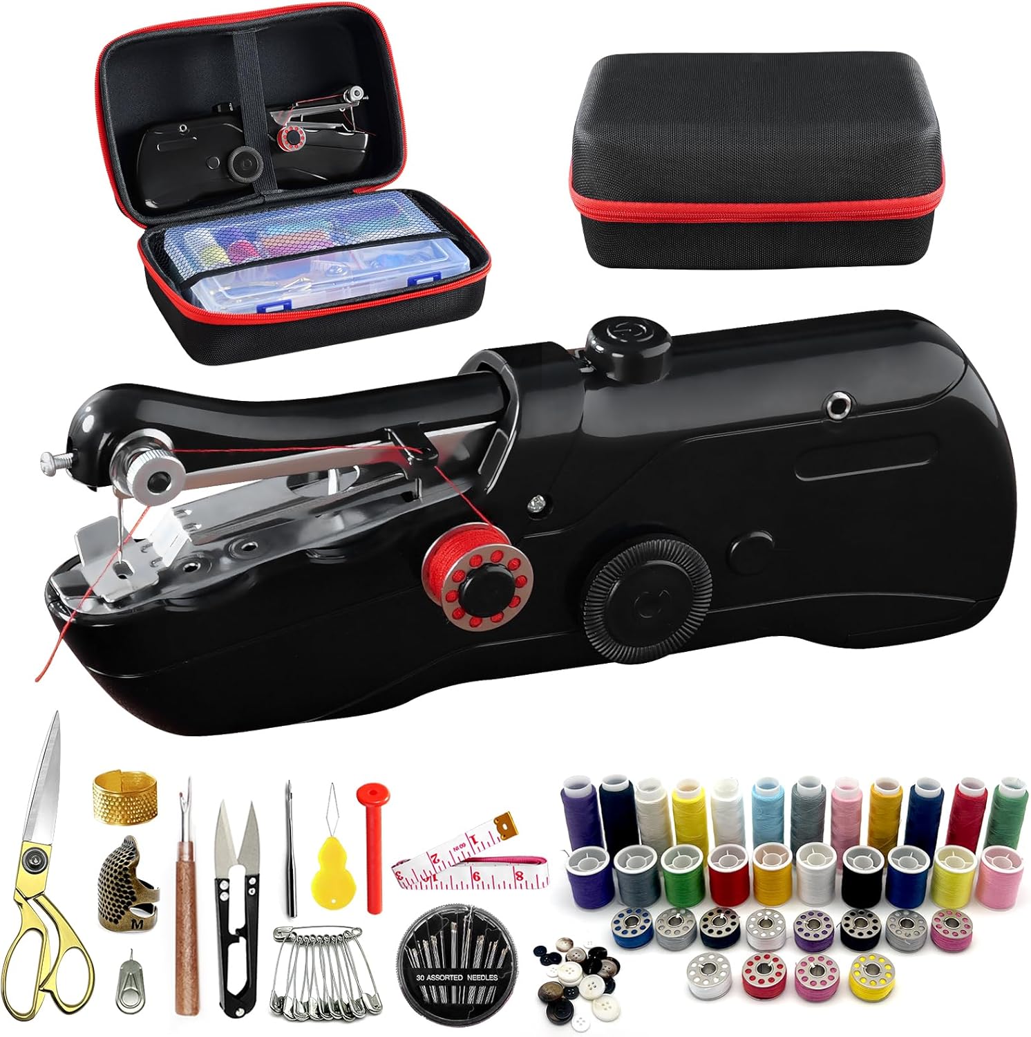 Handheld Sewing Machine with Black Storage Case and 109-Piece Sewing Kit, Mini Portable Cordless Hand Sewing Machine, Ideal for Adults & Beginners, Complete Set of Quick Home Clothing Repair Tools