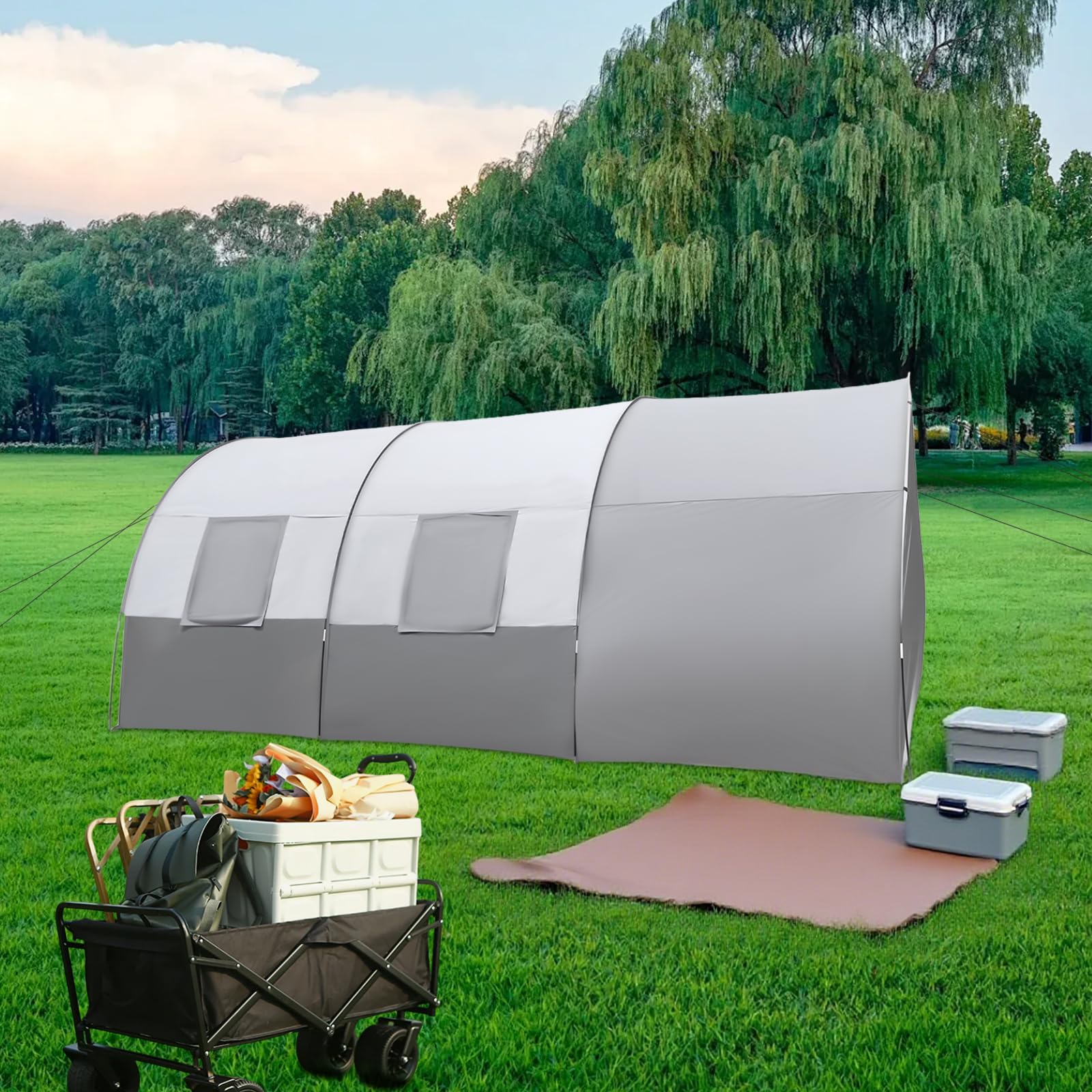 Tente tunnel spacieuse pour 6 personnes avec auvent, tapis de sol, moustiquaire et sac de transport, tente familiale étanche pour camping, festivals et voyages, 350 x 480 x 206 cm