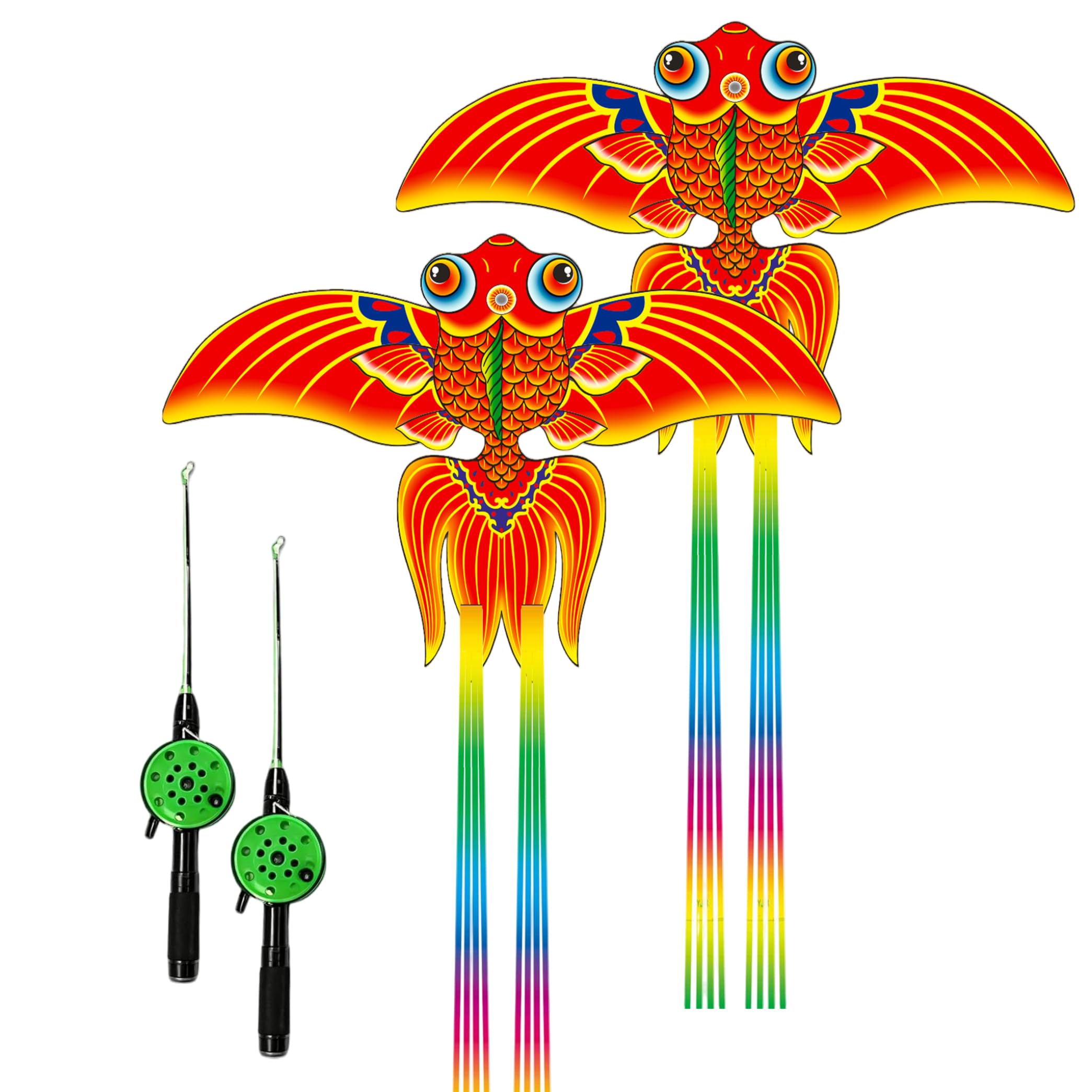 2PCS Toddler Kite, Fishing Rod Kite With Realistic Flapping, Sturdy Lightweight Frame, 19.7in, 15.7in Rod, 98.4ft Line