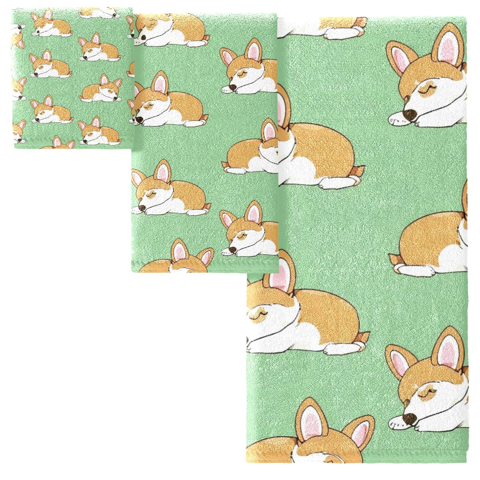 Corgi ręcznik kąpielowy do spania, zestaw 3 szt., uroczy ręcznik kąpielowy dla psa, ręcznik do rąk i myjka do hotelu, spa, łazienki