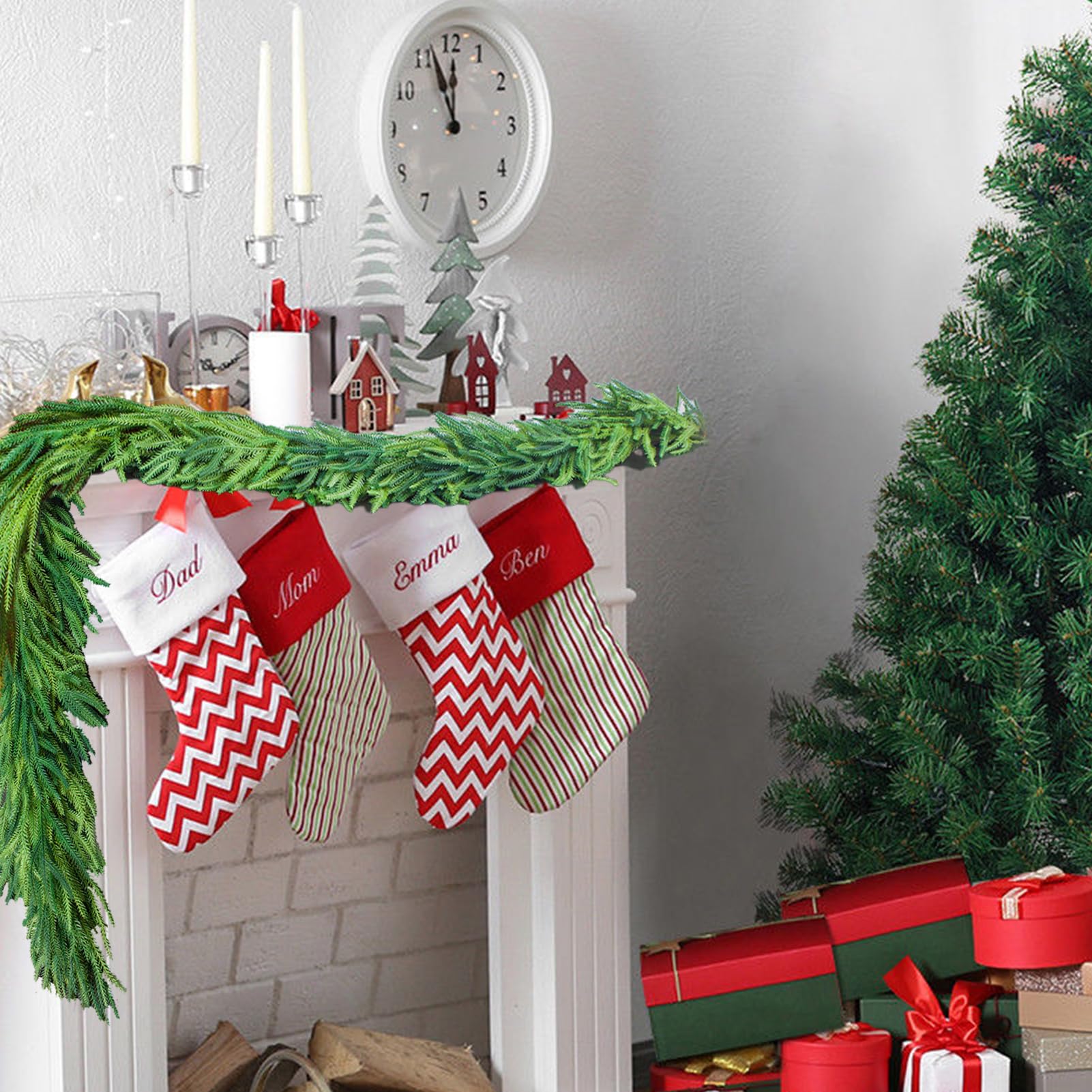 Guirnalda de Pino de Norfolk de Navidad Artificial, Guirnalda de Pino de Invierno de Tacto Real, Guirnaldas Verdes de Pino Falso para Mesa, Chimenea, Ventana, Decoración de (C)