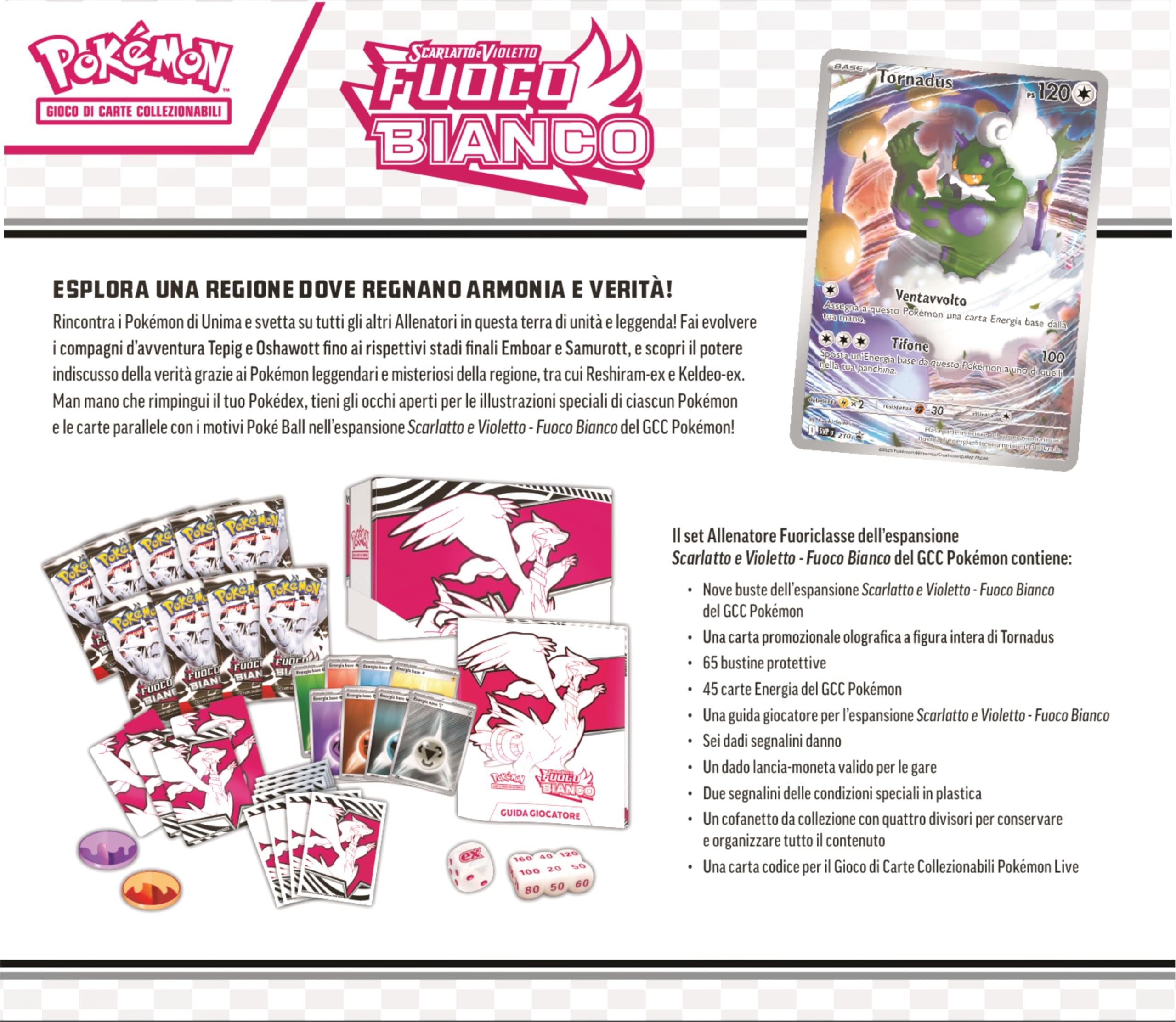 Pokémon GCC: set Allenatore Fuoriclasse dedicato a Reshiram dell’espansione Scarlatto e Violetto - Fuoco Bianco, con una carta a figura intera di Tornadus, nove buste di espansione e accessori premium