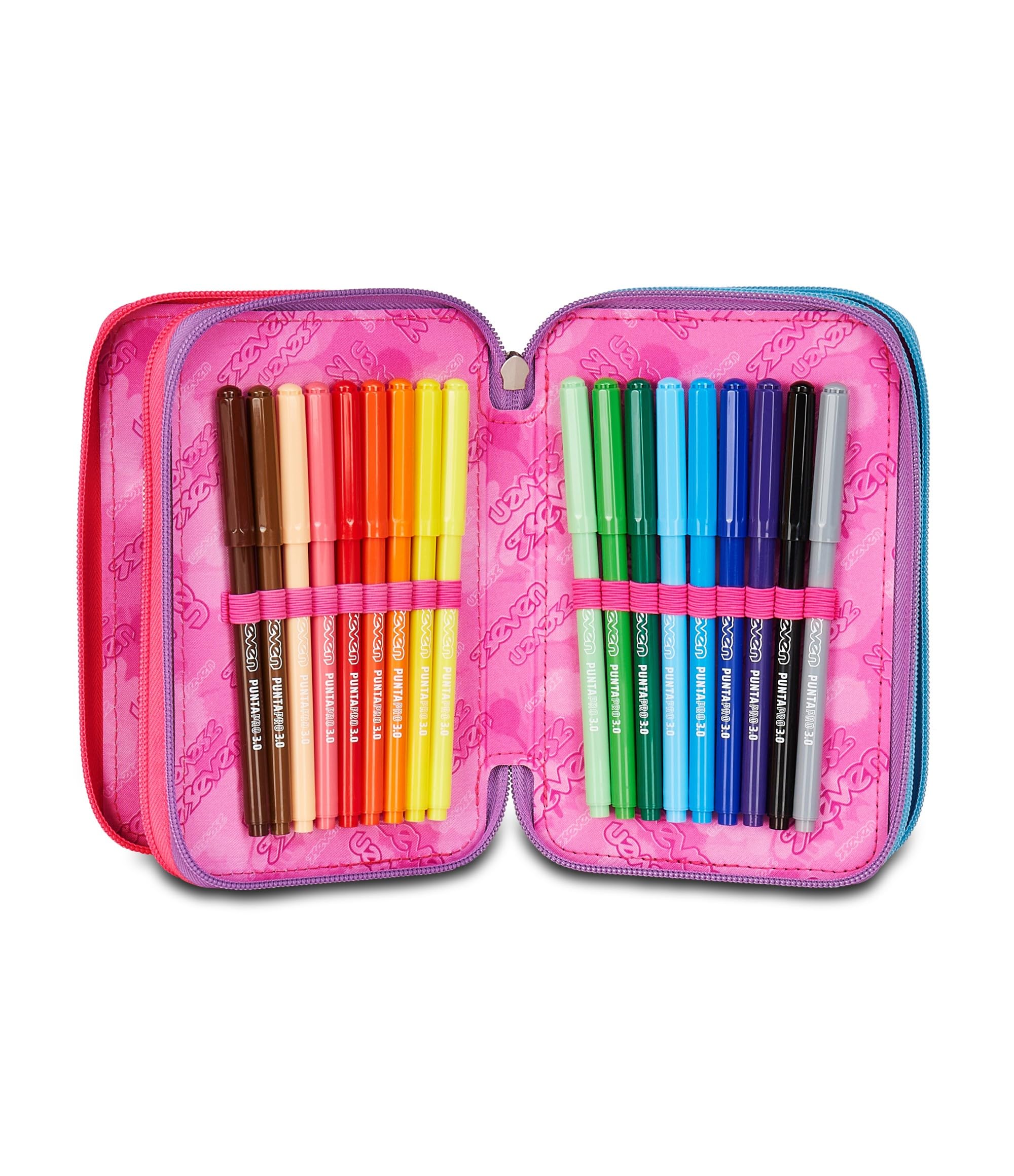 Seven Astuccio Scuola 3 scomparti con Matite Pennarelli Penne 3 Zip rosa/azzurro