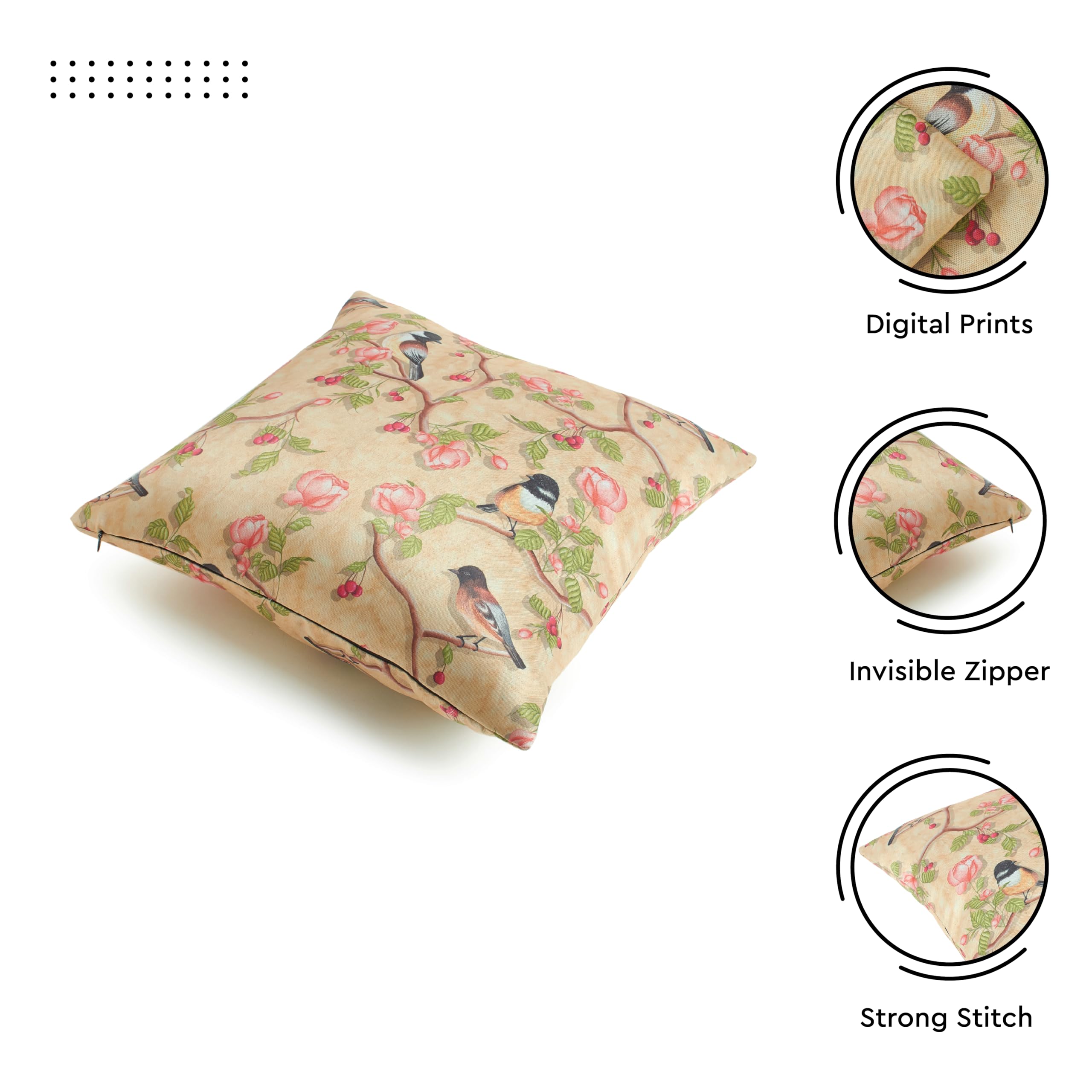 Encasa XO Decorative Throw Pillow Covers 16x16 in - Polyester Floral Digital Print Pale Gold Birds, 40 x 40 cm (Pack of 2) - Image 4