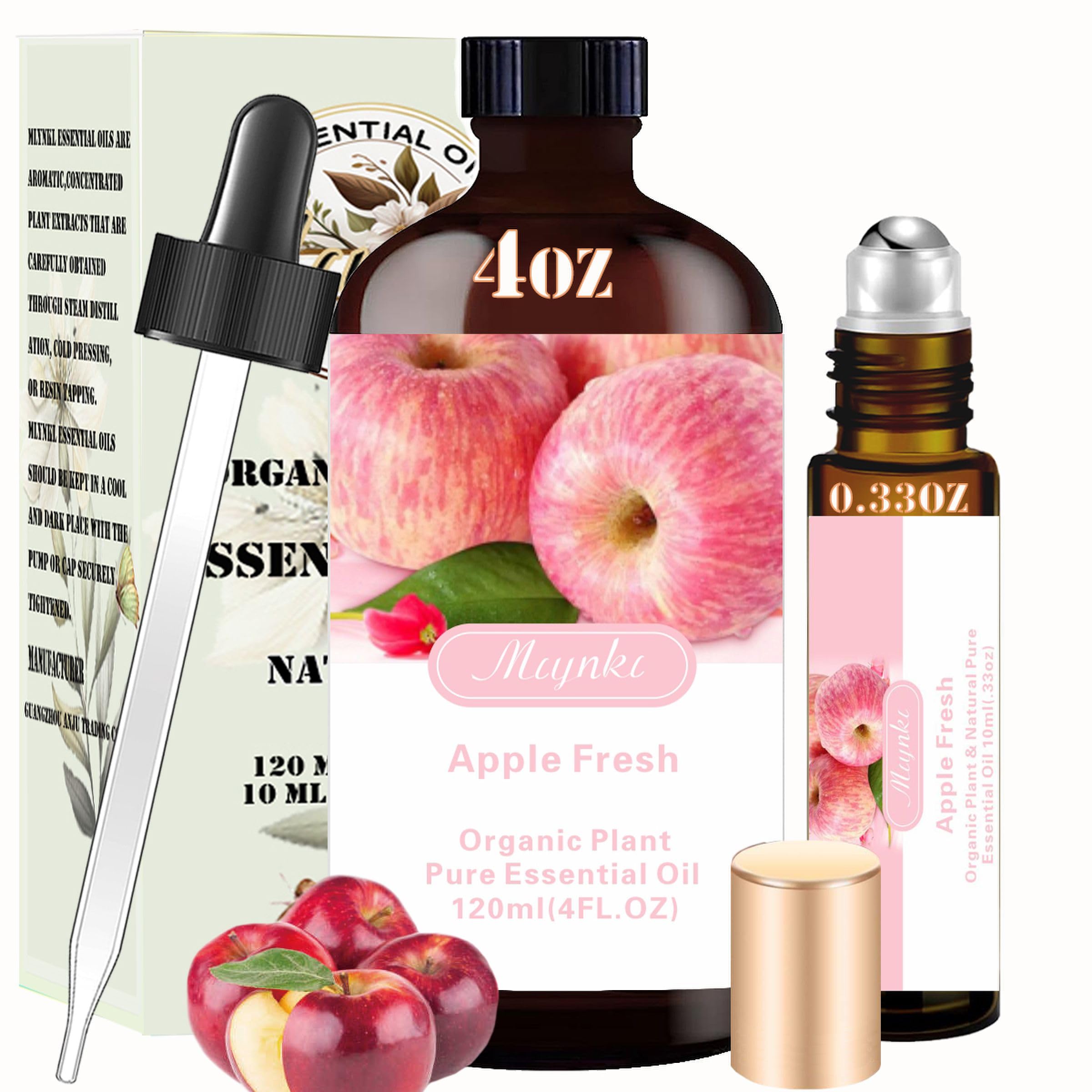 Apple Essential Oil - Apple Oil 4 Fl Oz & Apple Essential Oil Roll On 10ML Essential Oil Set for Aroma Diffuser SPA Cleaning Massage Yoga DIY Candle Making DIY Soap Perfume Gift Home Fragrance