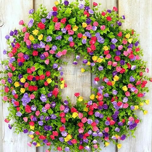 Spring Summer Wreaths for Front Door Farmhouse Colorful Cottage Artificial Eucalyptus Wreath Sping Door Wreath Flower Wreath Summer Wreath for All Season Welcome Sign Farmhouse Home Decor (18.5IN)