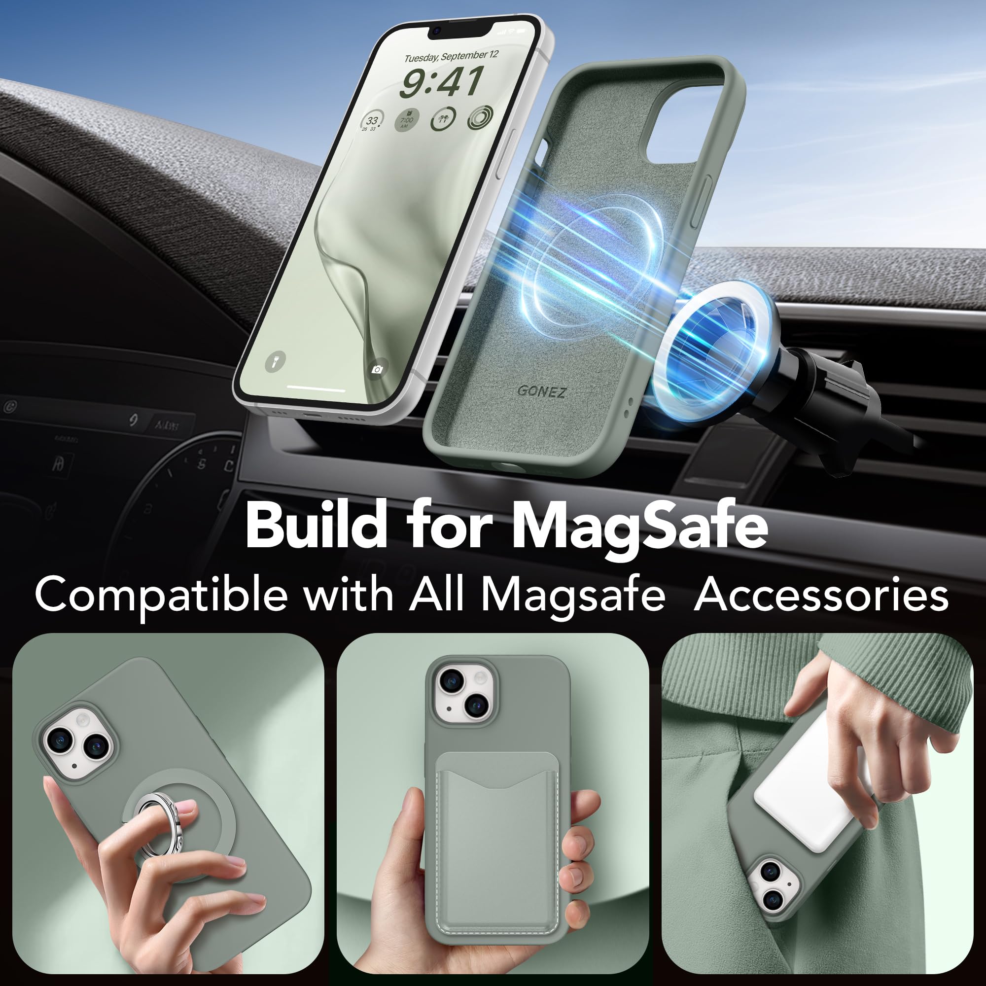 GONEZ Coque magnétique pour iPhone 14, compatible avec MagSafe, avec protecteur d'écran + protecteur d'appareil photo, doublure en microfibre anti-rayures, coque de protection antichoc en silicone