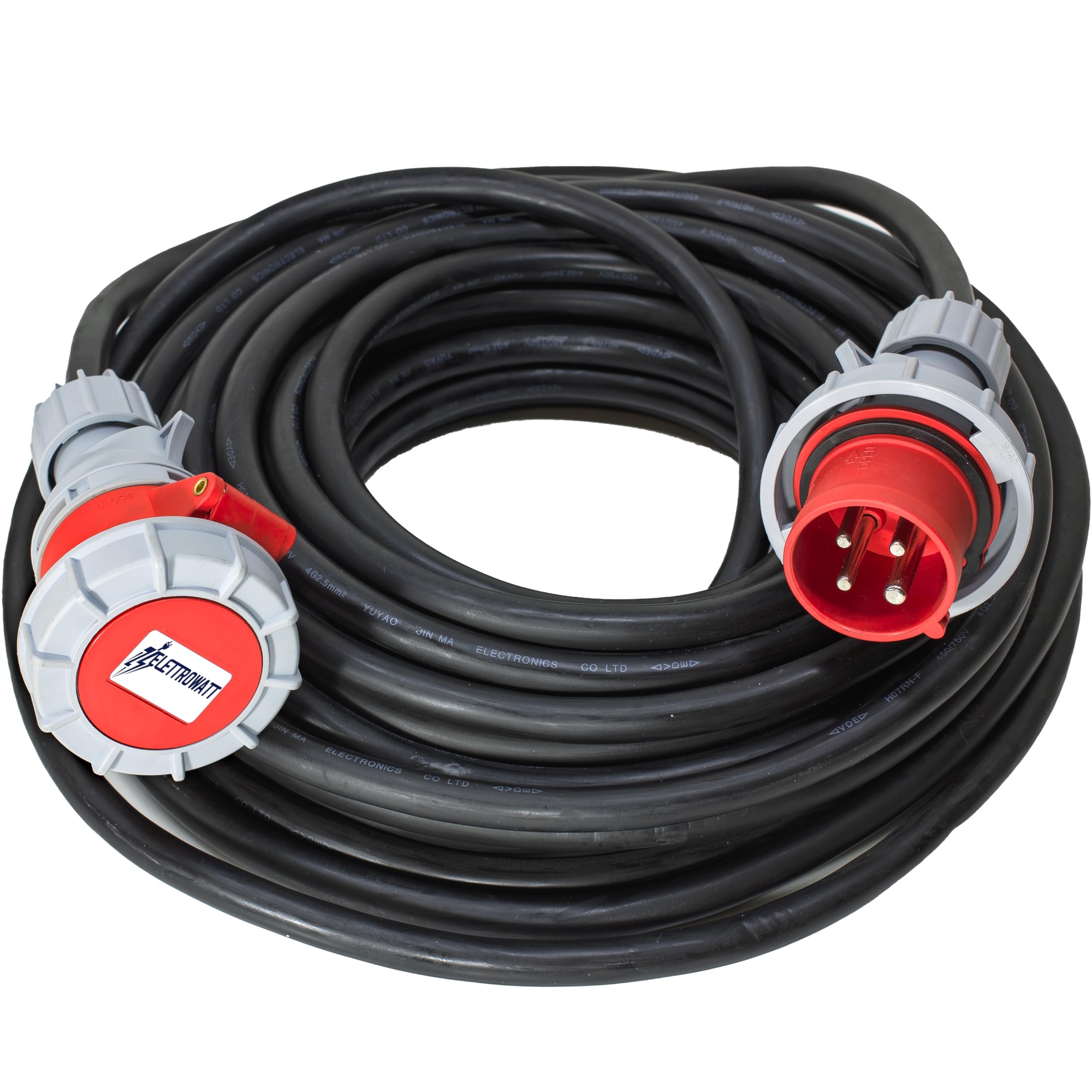 Prolunga Elettrica Trifase Industriale Professionale 20 Metri - Spina e Presa CEE trifase 4 Poli 16A, Cavo 4G2.5 - Protezione IP67 - Cavo con Rivestimento in Neoprene Antirottura h07rn-f