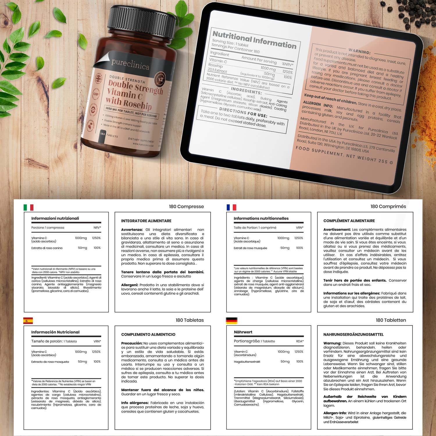VITAMINA C con ESCARAMUJO – 2000mg (1000mg de Vit C y 1000mg de Extracto de Escaramujo) x 720 COMPRIMIDOS – ¡SUMINISTRO DE 2 AÑOS!
