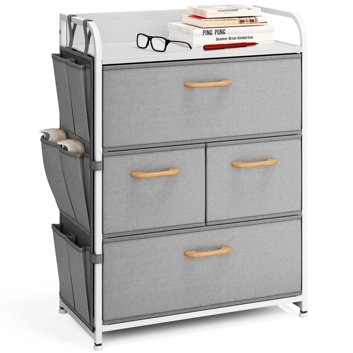 STORAGEBUD - Dresser Organizer with 4 Drawers - Fabric Furniture Storage Large Chest Organizer for Bedroom, Office, & Playroom with Easy to Pull Wood Handles & Beautiful Textured Wood Top - Gray