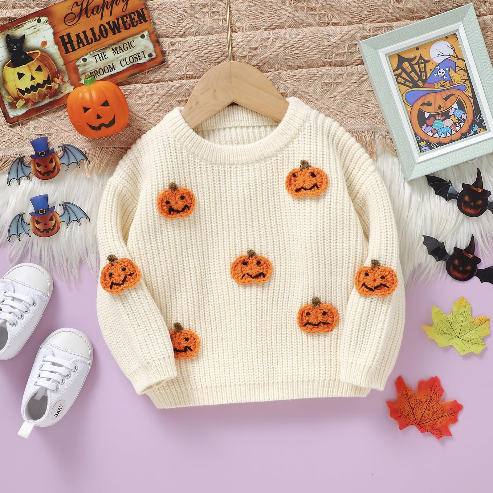 Jersey unisex de Halloween para bebé, manga larga, cuello redondo, calabaza, letra, bordado, jersey de punto para bebé, Halloween, fantasma, calabaza
