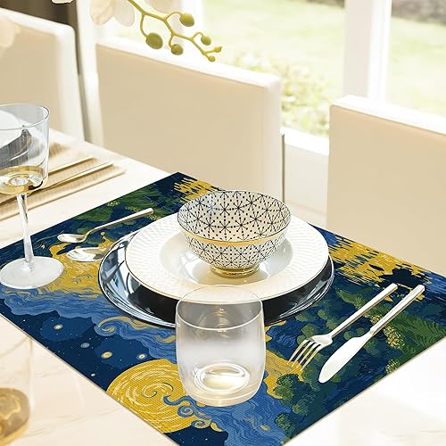 Miniatura 5 de Juego de 6 manteles individuales estilo Van Gogh con acuarela, 12 x 18 pulgadas, manteles individuales de lino para cocina, comedor, decoración de
