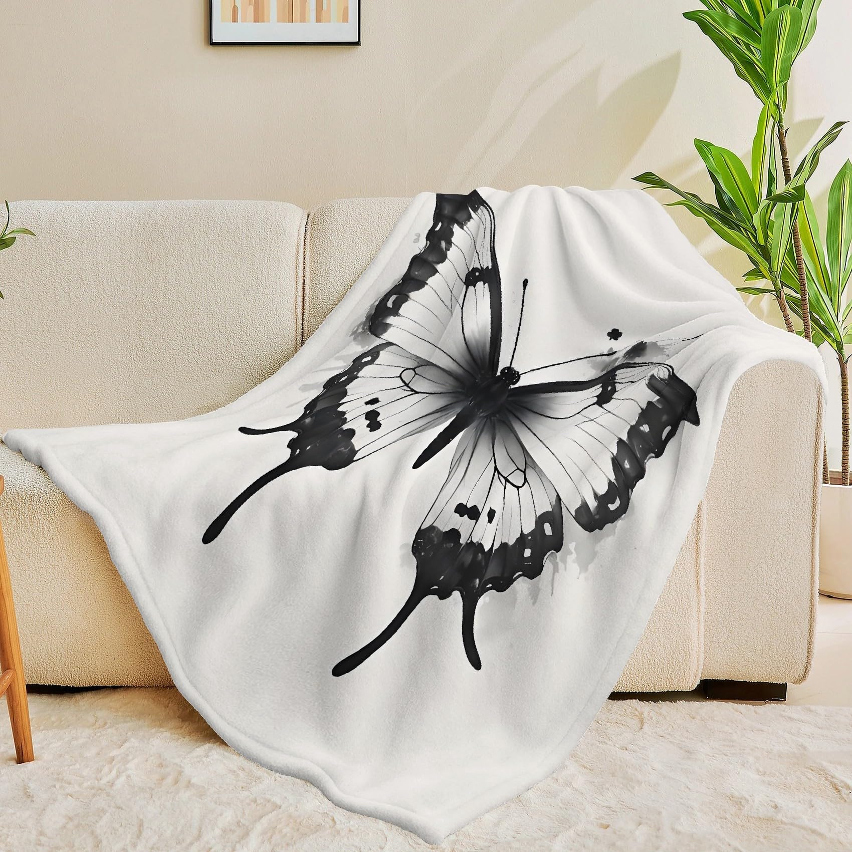 Generisch Puszysty koc czarno-biały motyl 200 x 200 cm, miękki i dwustronny, jasnobeżowy koc polarowy, idealny koc na sofę dla wszystkich, przytulny koc na sofę i łóżko SF419