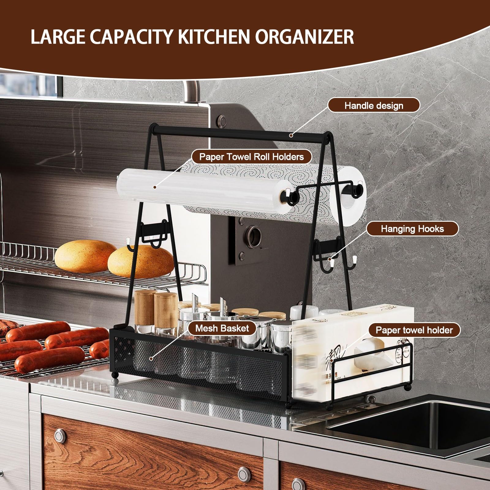 Gewürzdose für Den Grill BBQ Picknick Utensilien Organizer mit Griff und Papierhandtuchrollenhaltern Griddle Camping-Körbe für Outdoor-Küche, Buffet, Party (Color : Silver)