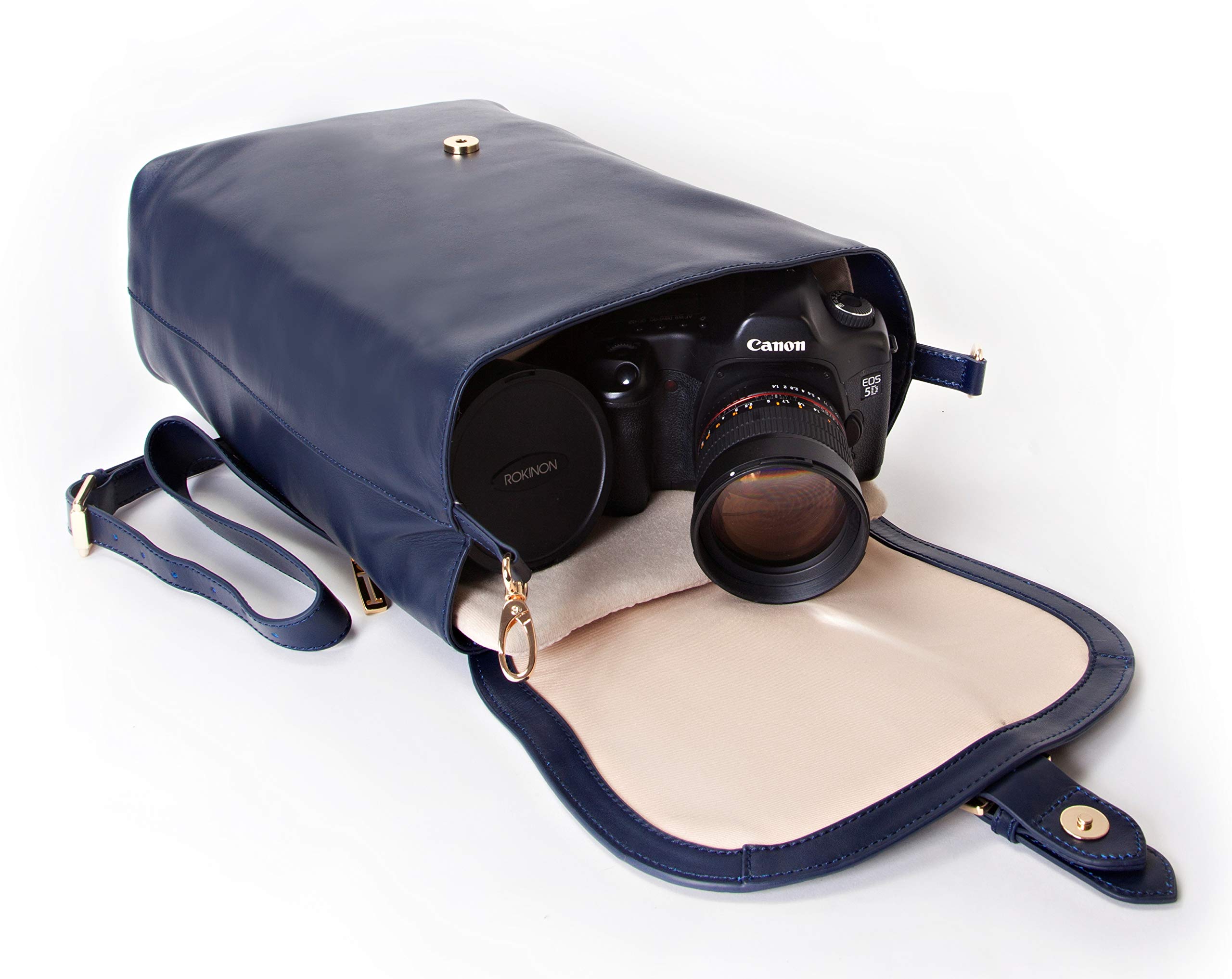 Isaac Mizrahi Kathryn mini Camera Backpack in Genuine Leather for DSLR Cameras, Lenses, Accessories and Other Tech Items-with Removable Internal Padded Pouch, Blue Electrónicos