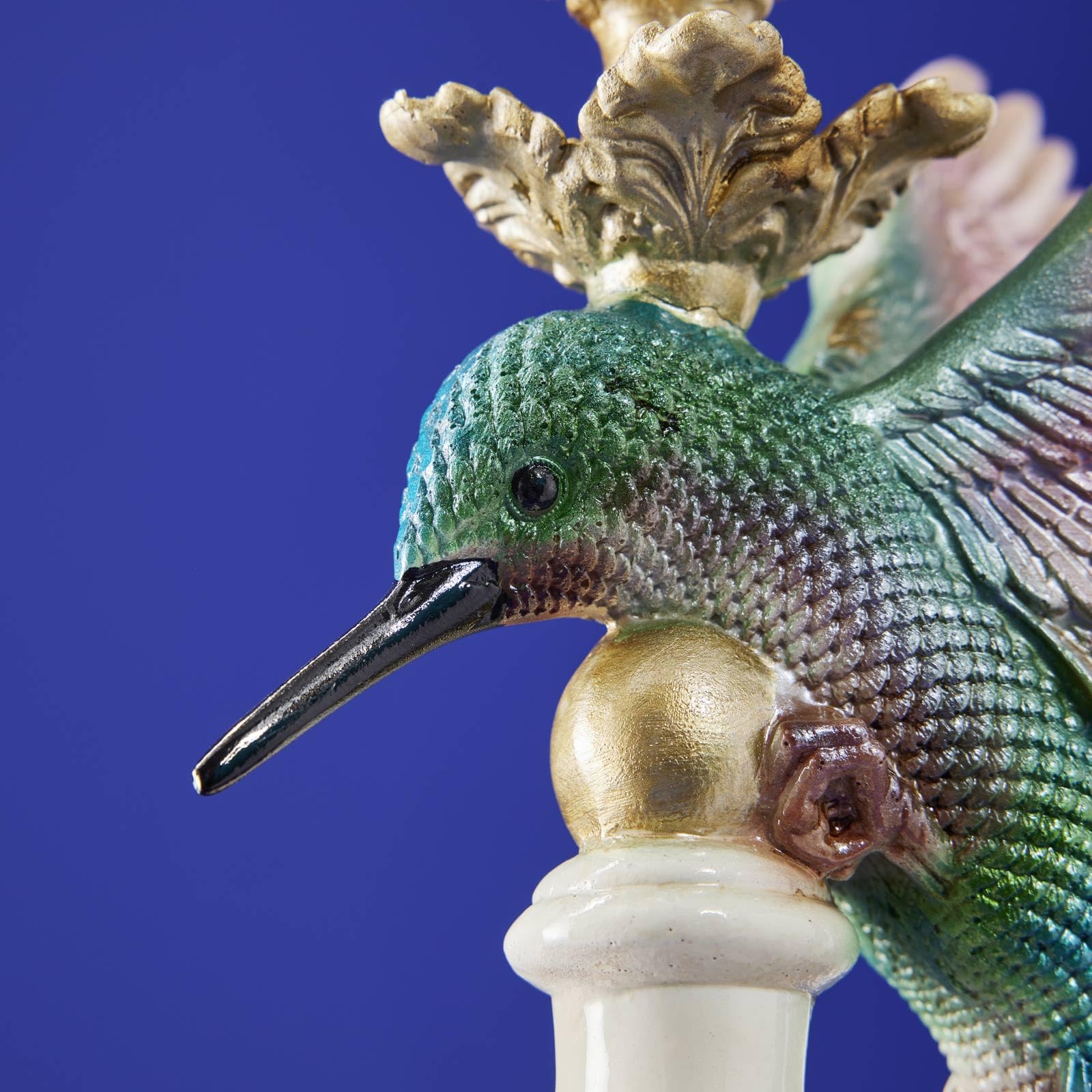 Design Kerzenhalter Kolibri, Mehrfarbig, bunt, Kerzenständer für Stabkerze, handbemalt, 13cm x 14cm x 32cm