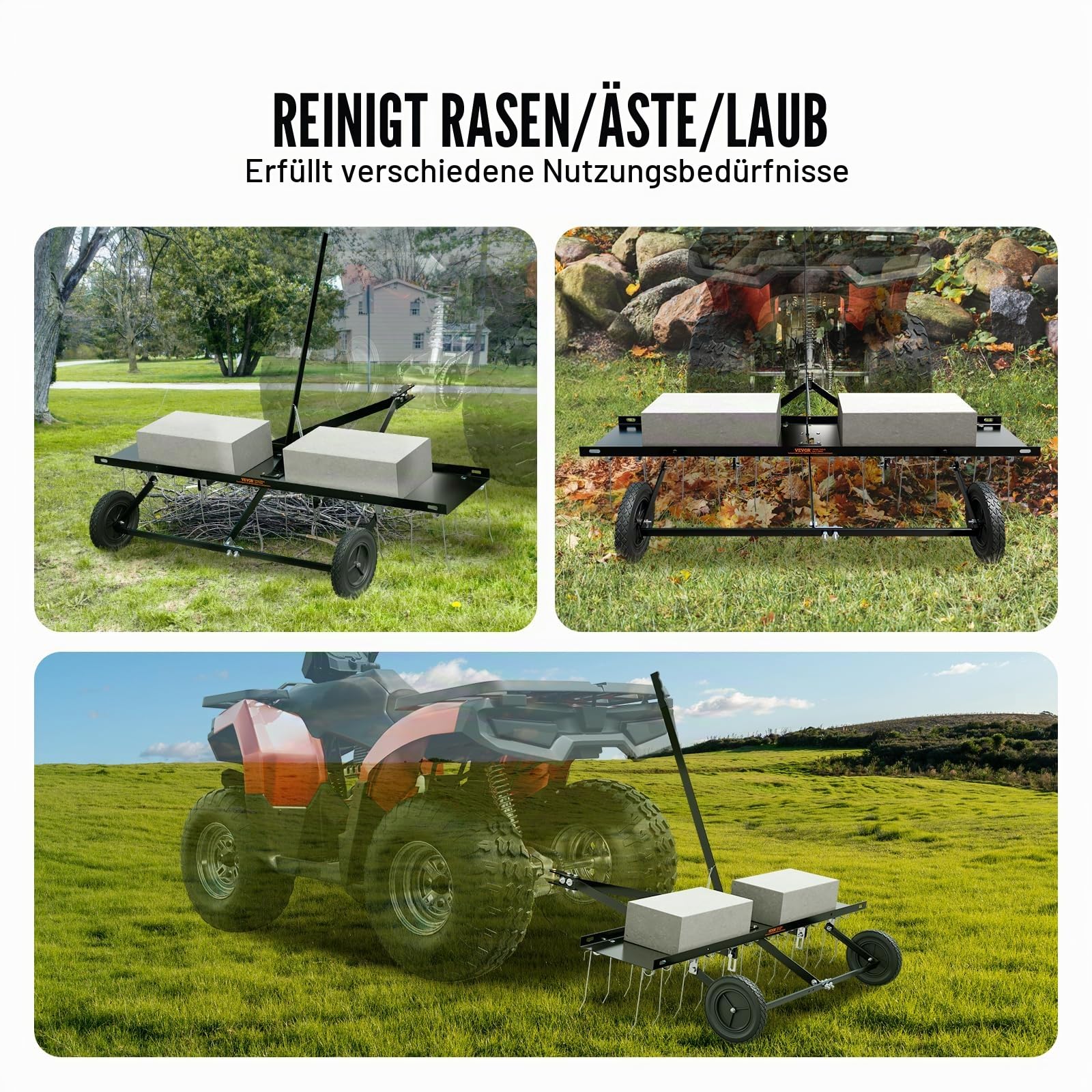 VEVOR Vertikutierer, 1219 mm Vertikutierer mit 24 Federstahlzinken, Rasenvertikutierer für ATV oder Mäher, Rasenrechen mit Hebebügel für den Garten, Bauernhof, Gras