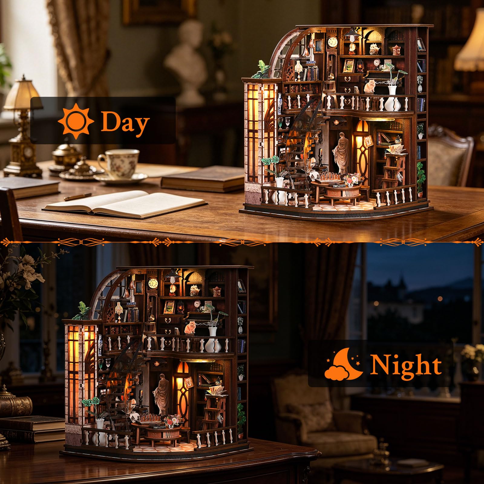 Shrike Zestaw książek DIY – wkład do regału na książki i drewniane puzzle 3D dla dorosłych i młodzieży, podświetlana miniaturowa diorama LED, zestaw do majsterkowania z instrukcją (może nie być