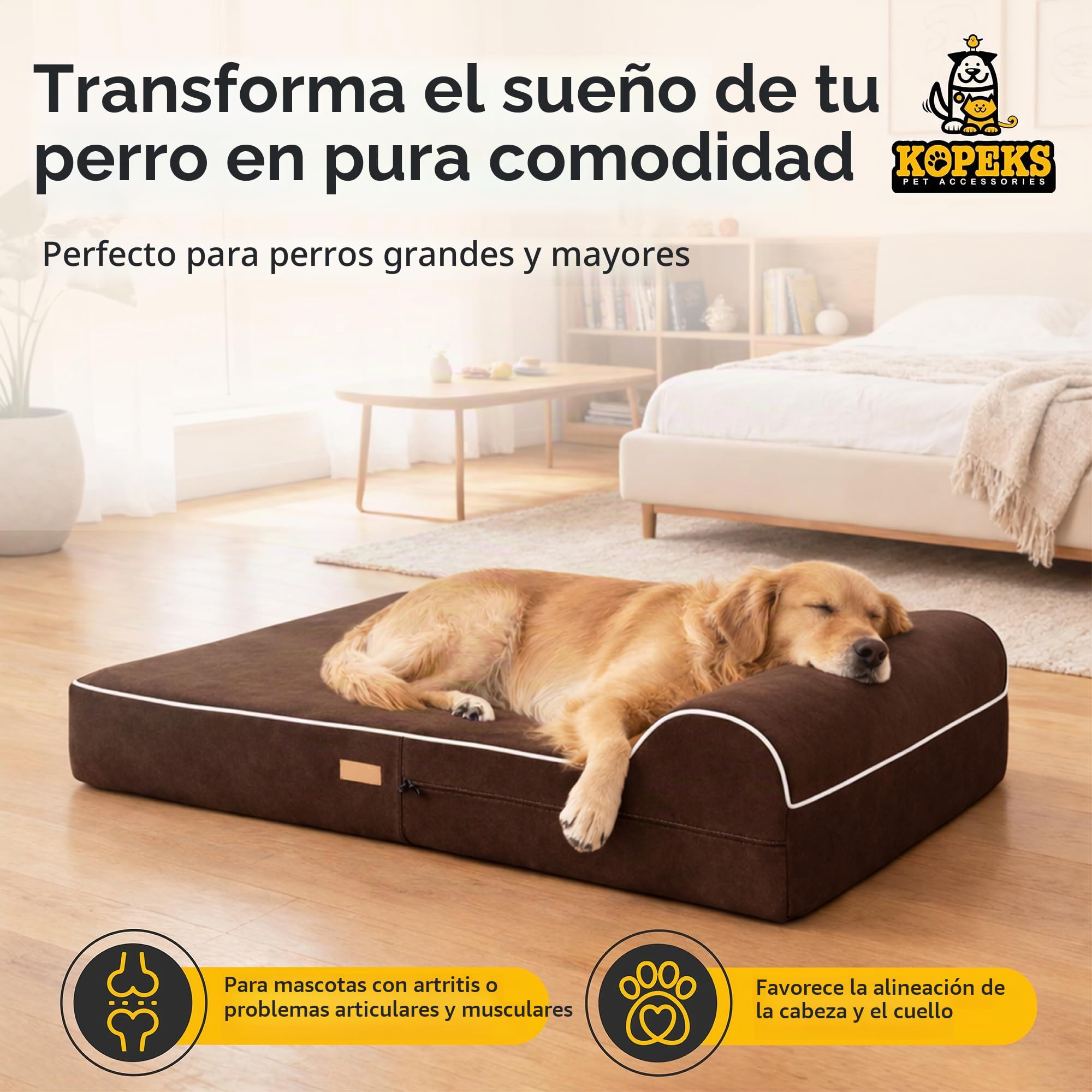 KOPEKS Cama ortopédica de Espuma viscoelástica con Almohada para Perros, Incluye Protector Interior Impermeable y Funda extraíble