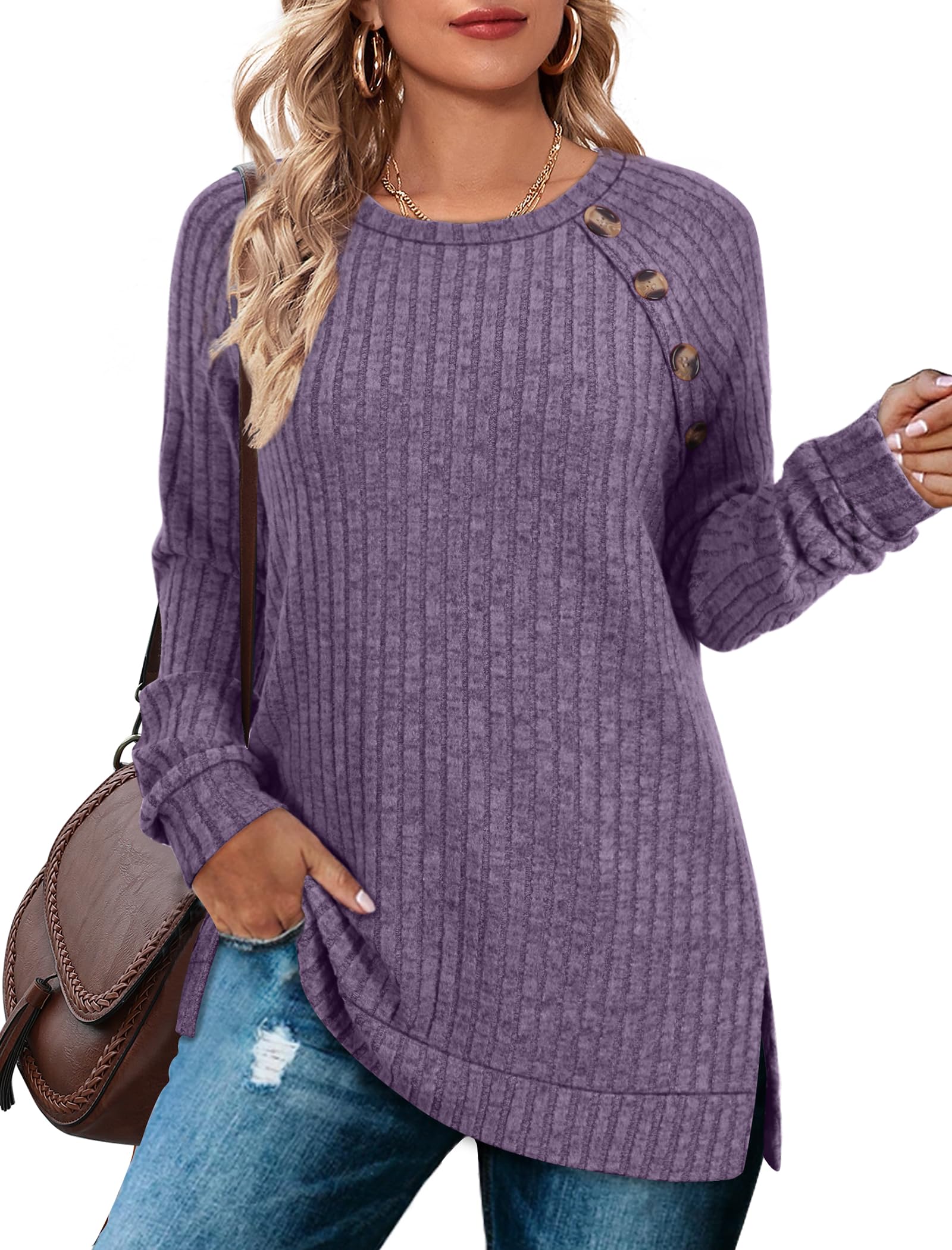 Bofell Long Sleeve Shirts for Women Lightweight Button Decor Tunic Tops Side Split