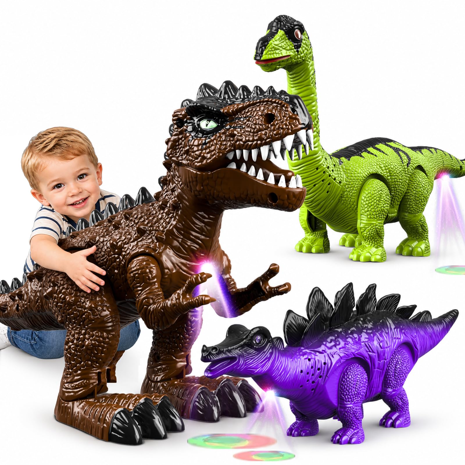 3 Pezzi Giocattoli Dinosauri per Bambini 3-7 Anni, Robot Elettrico Camminante con Suoni e Luci LED, Set T-Rex Brachiosauro Stegosauro, Regalo di Compleanno Bambino Bambina