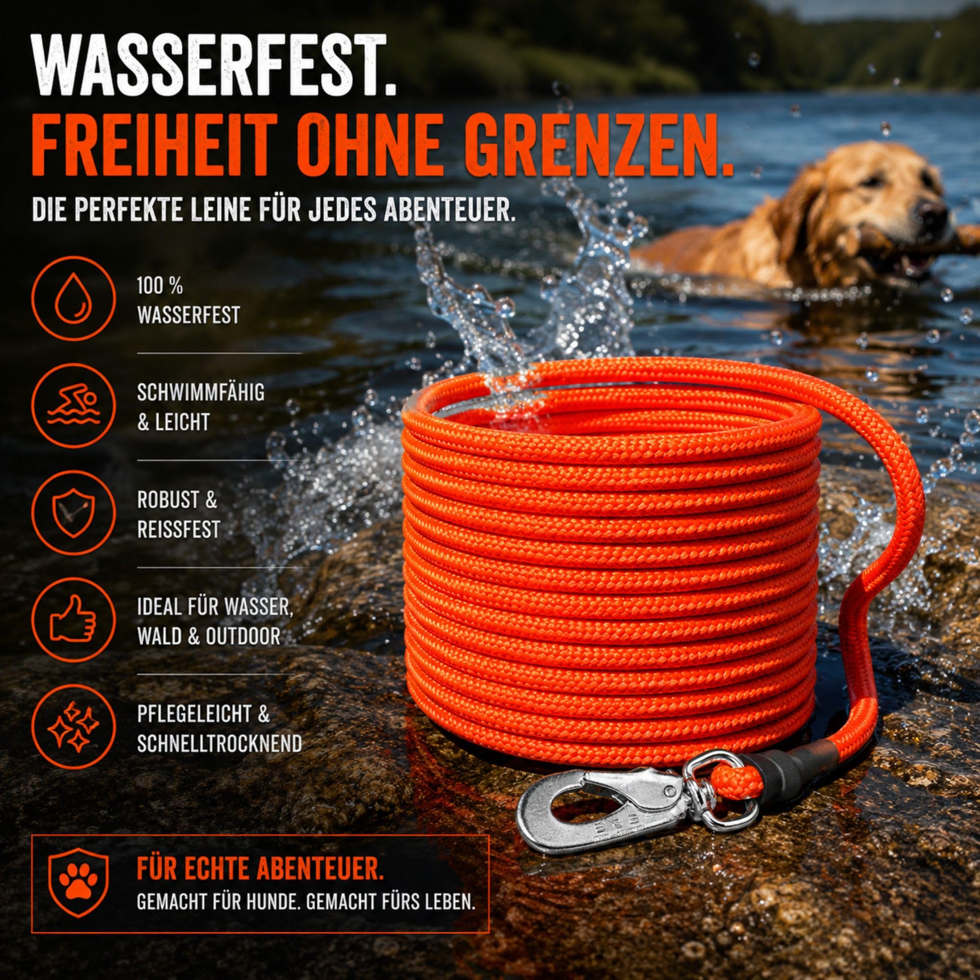 Schleppleine Hund schwimmend, ohne Handschlaufe, 10 m, Leuchtend Orange - robuste Feldleine mit Drehgelenk-Karabiner, Zuglast 230 kg, Trainingsleine für Hunde, Wasser- & Geländearbeit