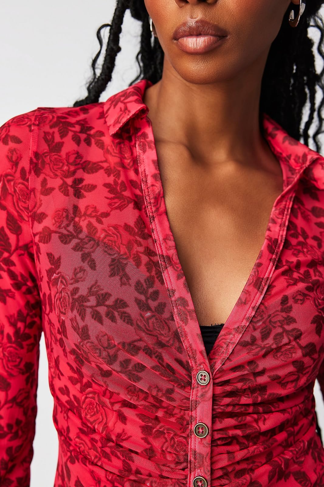 Blusa de manga larga con botones para mujer, estilo bohemio, con estampado floral, cuello fruncido, estilo vintage, estilo urbano