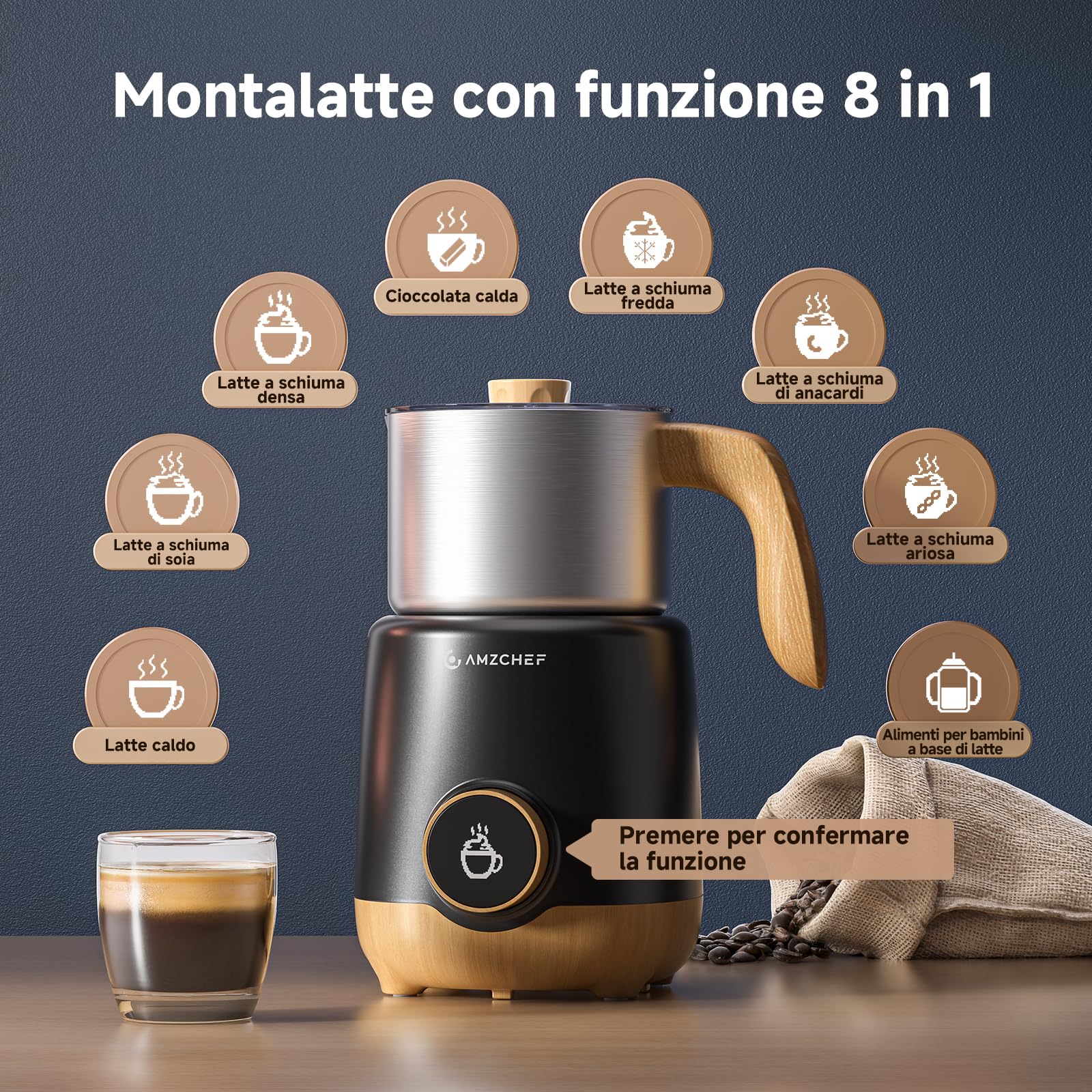 AMZCHEF Montalatte Elettrico 600 ml – 8-in-1 Latte Caldo e Freddo, Schiuma Dens o Ariosa, Latte di Mandorla/Soia, per Cappuccino, Cioccolata Calda, Alimenti per Bambini – 550 W