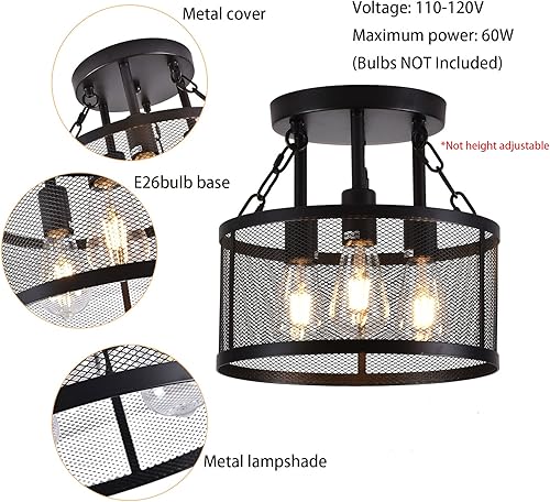 Miniatura 3 de Lámpara de techo retro semiempotrada de 3 luces, luz de techo industrial de granja, luz de techo de malla metálica negra para dormitorio, sala de