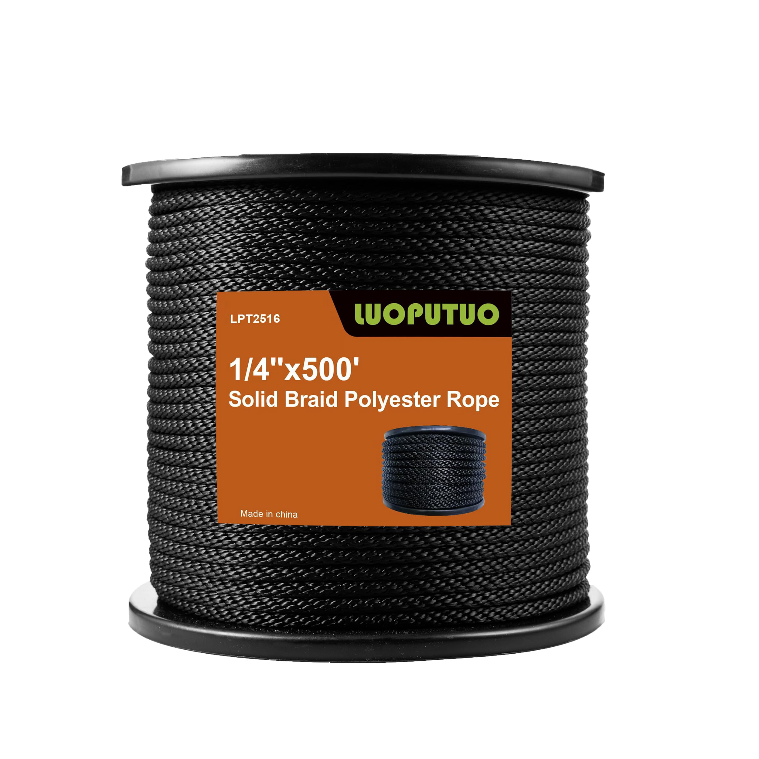Photo 1 of 1/4 Inch × 500 FT Black Polyester Solid Braid Rope – UV & Abrasion Resistant, Low Stretch, Multipurpose for Flagpole Halyard, Clothesline, Camping, and Utility Tasks