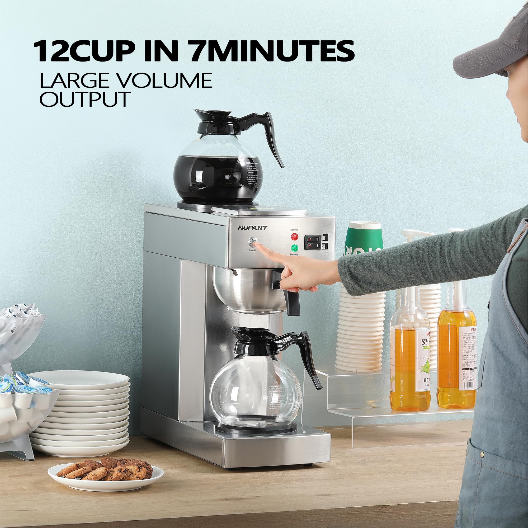 12-Cup Commercial Coffee Maker with Water Line 1.8L Auto-Filling Drip Coffee Maker Machine with 2 Glass Carafes and 2 Warmers Stainless Steel Pour over Coffee Brewer for Restaurant Office cafe