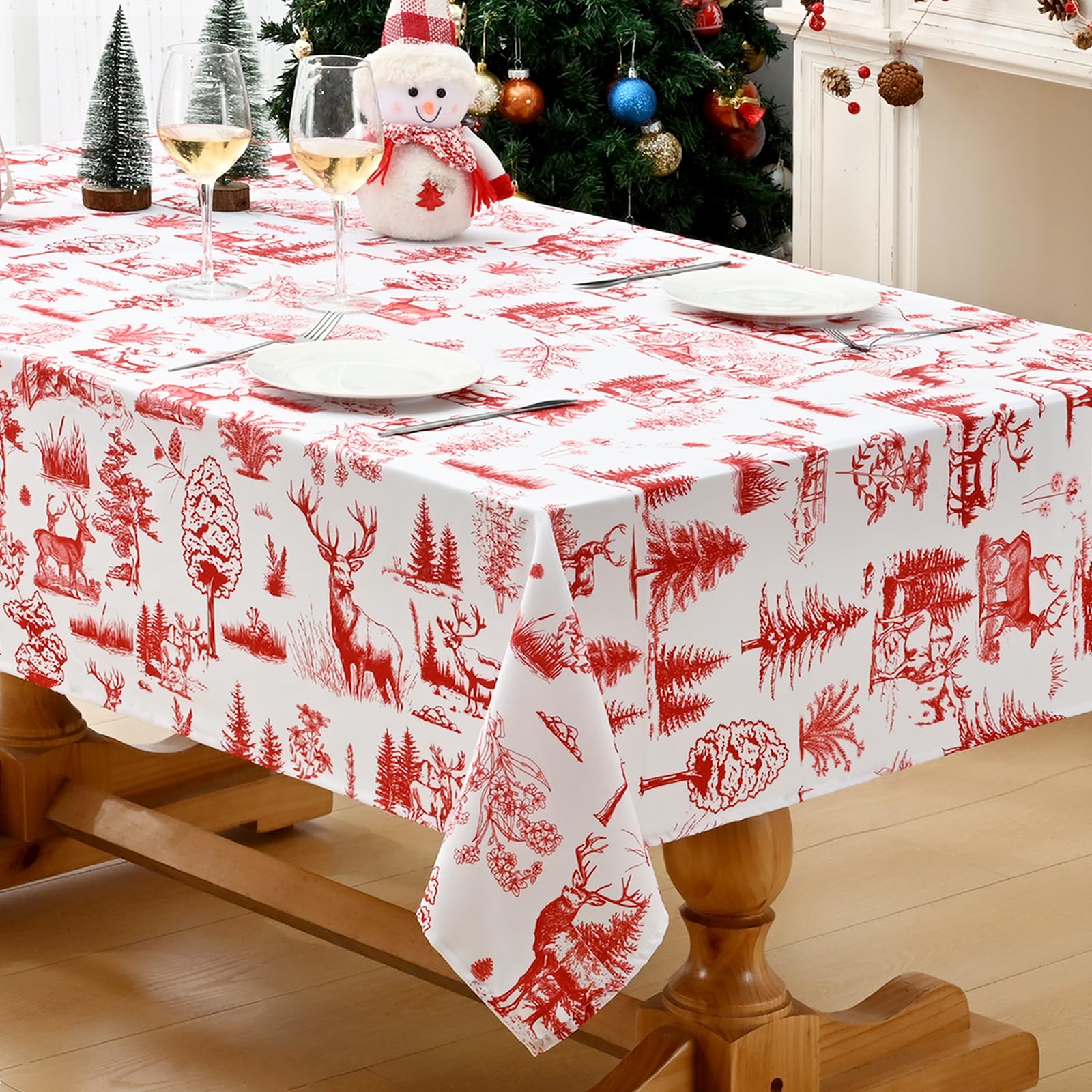 Alishomtll Mantel de Navidad, tinta alce, árbol de Navidad, rojo, rectangular, impermeable, lavable, para fiestas de invierno, decoración festiva, color blanco, 130 x 220 cm