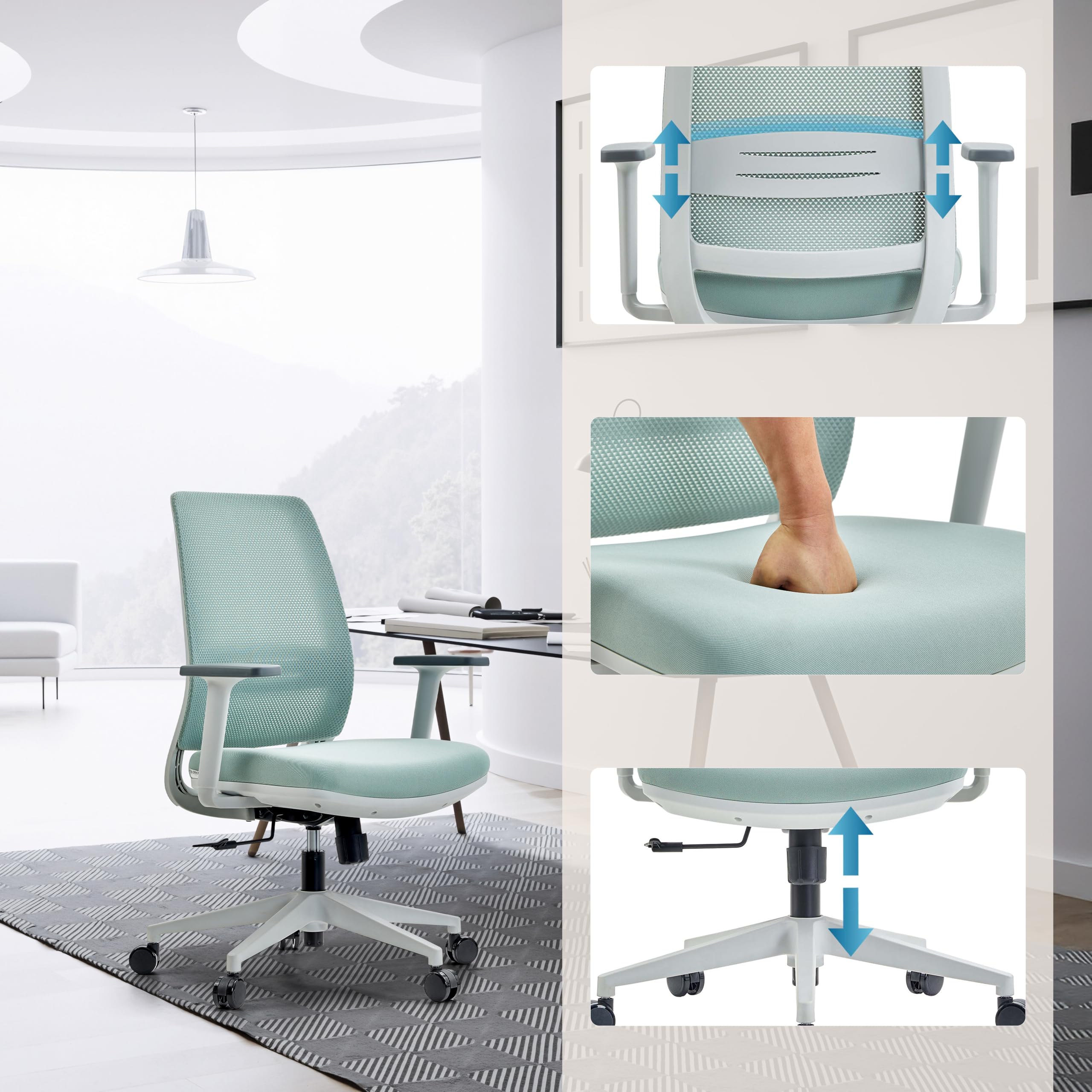 hjh OFFICE Ergonomiczny Fotel Biurowy Profondo Eco W, Oddychający Fotel Obrotowy Z Regulowanym Podparcie Lędźwiowe Siatka/Materiał, Miętowy