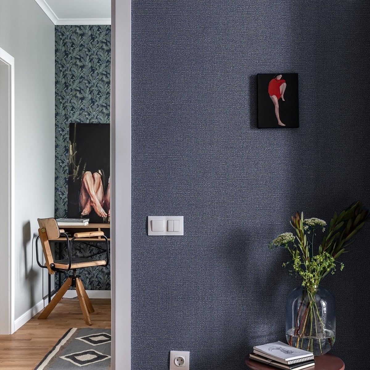 Blue Grasscloth Peel and Stick Wallpaper Textured Wall Paper 15.9inch x 118.1inch Faux Linen Contact Paper Vintage Toile Wallpaper Dark Blue Fabric Self Adhesive Decor Vinyl
