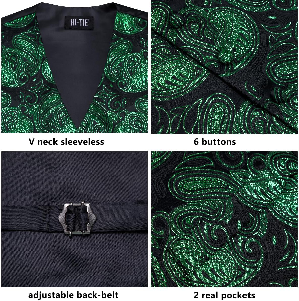 Hi-Tie Mens Silk Green Black Vest Tie Set Paisley Formal Waistcoat Necktie Handkerchief Cufflinks for Business Wedding Tuxedo - Image 7