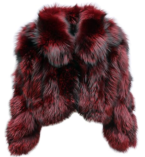OFURTEBUY Genuine Real Fox Fur Jacket Women Winter Warm Natural Fox Fur Turn-Down Collar Cropped Coat - Large - Red