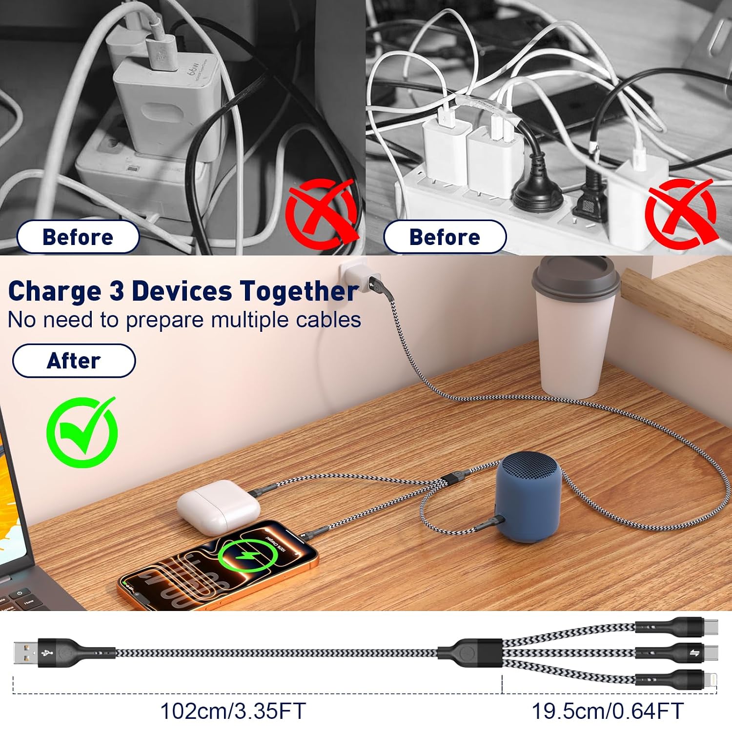 3 in 1 Multiple Charging Cable, 2Pack 4Ft Multi Chargers Cord for All Devices Braided USB A to C,A to Lightning/Type C Ports Universal Charger Cable for iPhone Series/Samsung/Tablets/PS and More