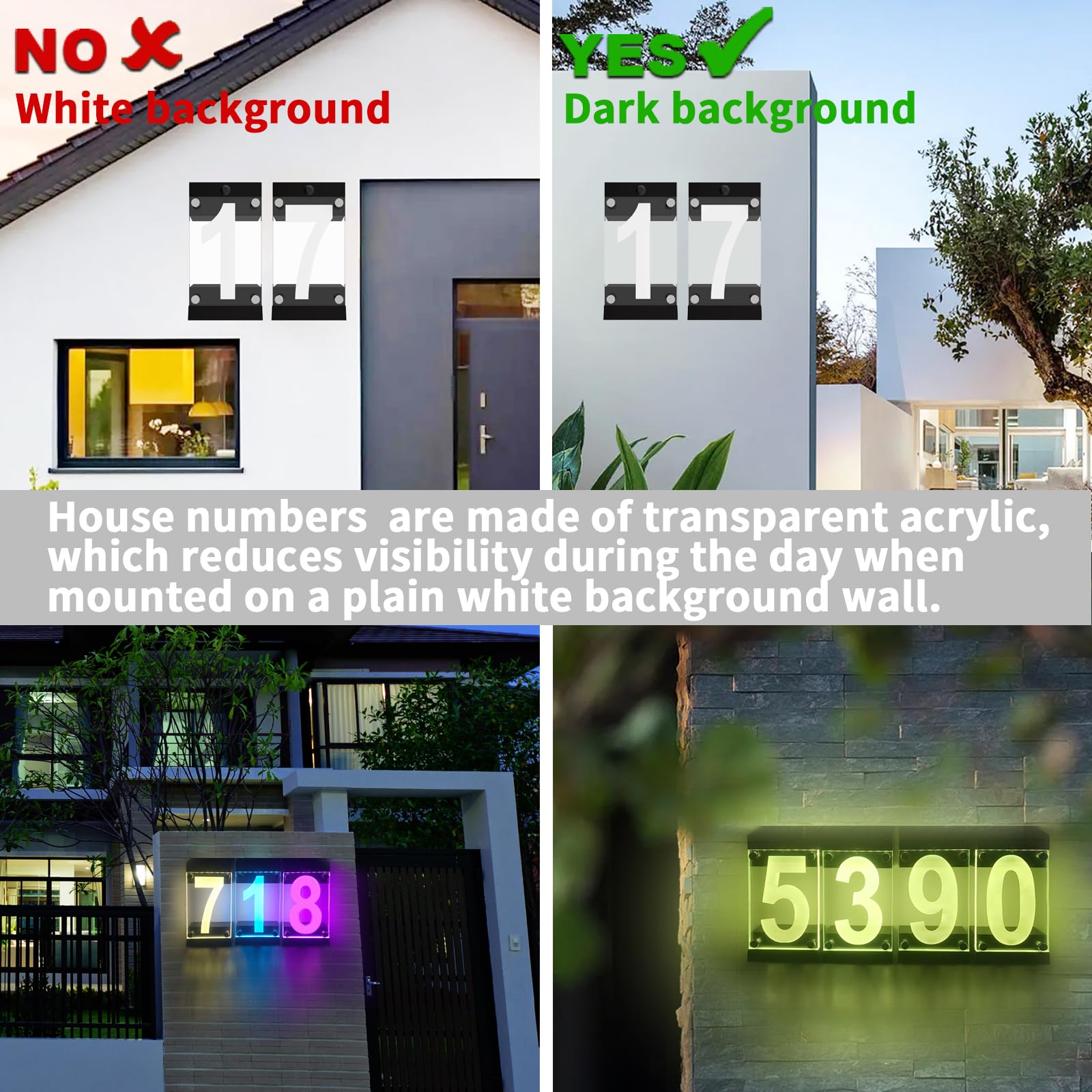 Acrylics Solar-Adressschild, LED-beleuchtete Solar-Hausnummern für draußen, wasserdicht, RGBW, Farbwechsel-Fernbedienung, beleuchtet, modernes Adressschild, solarbetrieben für Hof, Haus (Digit