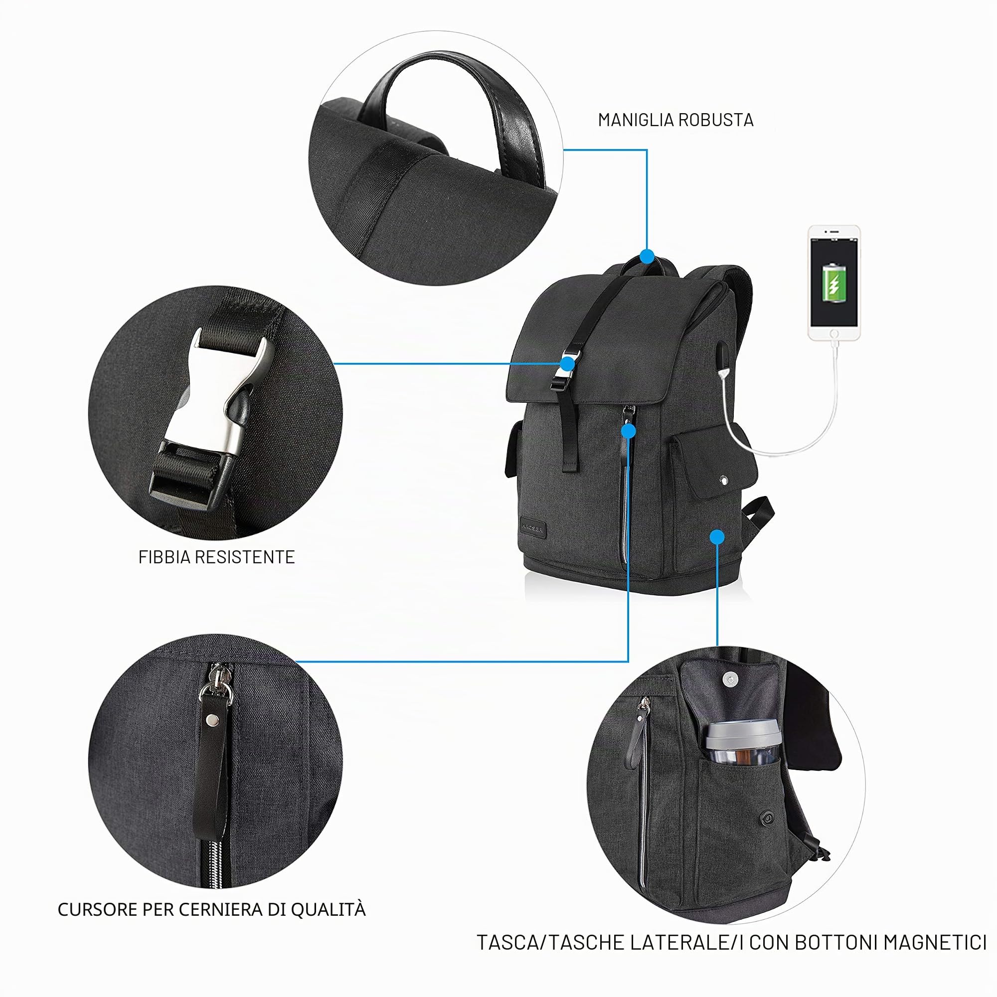 KROSER 17,3 pollice Zaino antifurto idrorepellente con porta | 17,3 pollice Zaino antifurto idrorepellente con porta di ricarica USB per laptop,Adatto per affari/scuola/viaggi-Nero