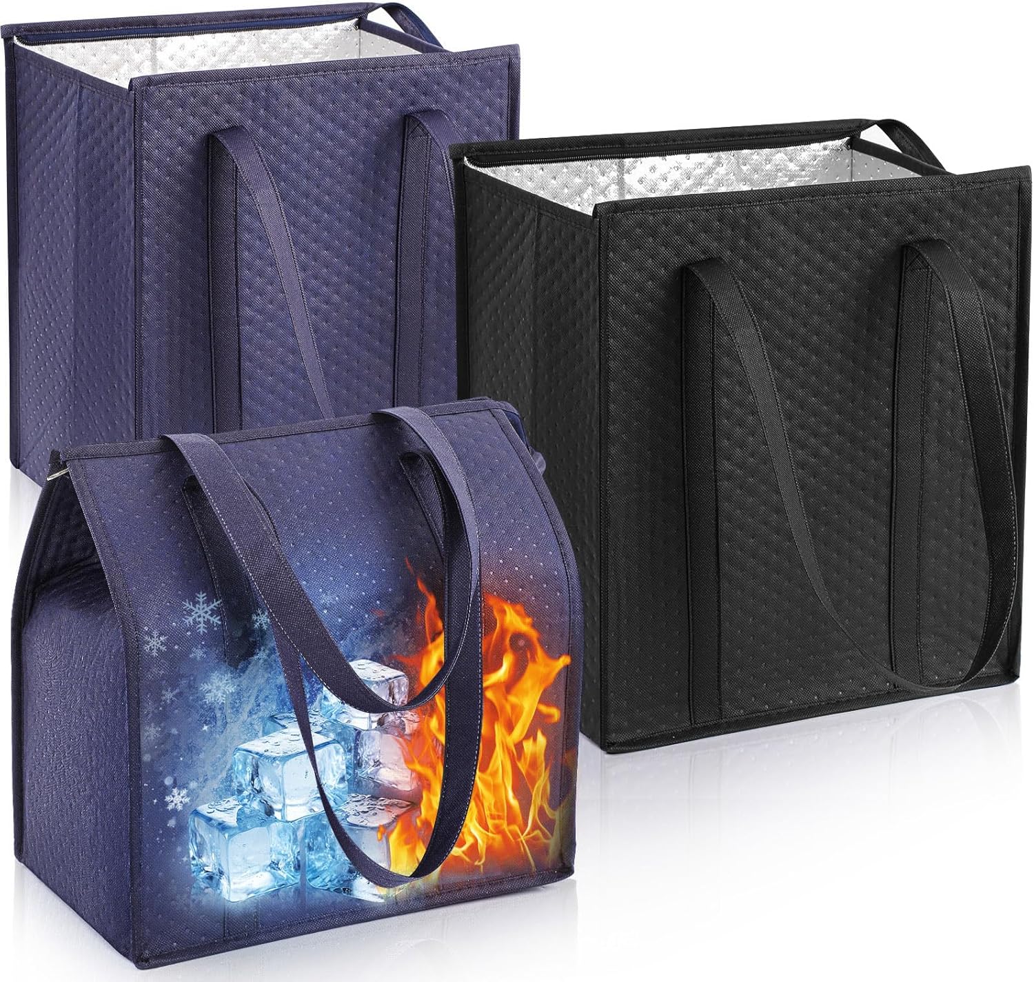 3 Pcs XL-Large Insulated Grocery Bags with Zippered Top & Handle-Reusable, Thermal, Cooler Tote Shopping Bags(Navy Blue,Black)