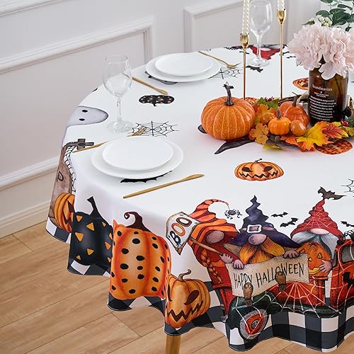 Miniatura 4 de Mantel de Halloween blanco con diseño de telaraña de calabaza, fantasma, diseño a cuadros, 60 x 102 pulgadas, rectangular, de poliéster, repelente