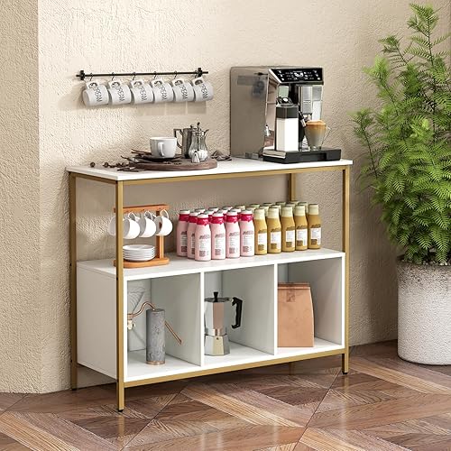Miniatura 4 de Armario buffet con almacenamiento, aparador con 1 estante abierto y 3 cubículos, buffets y aparadores de madera, moderna mesa de café para cocina,