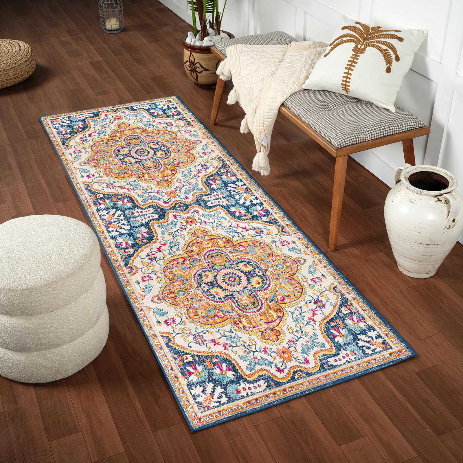 Livabliss Willow Jijel Vintage Runner 80x220 cm – Traditional Boho Pattern for Hallway & Kitchen, Easy Care, Orange, Mustard, Navy, Fuchsia & Beige