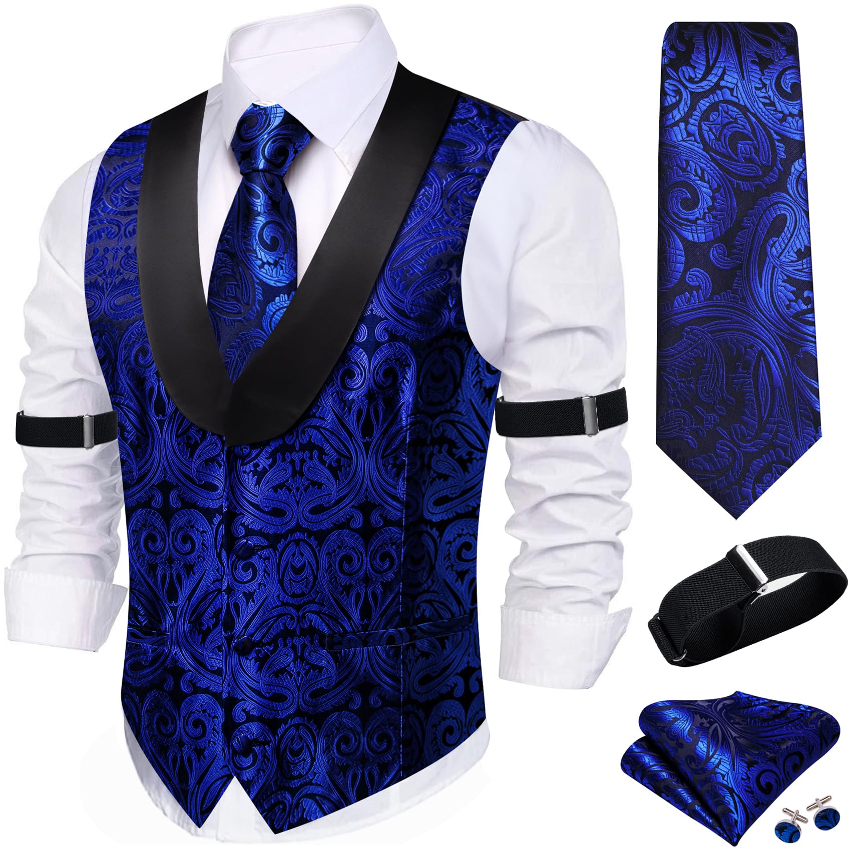 Barry.Wang Mens Silk Paisley/Floral Suit Vest Tie Sleeve Holder Set 5PCS