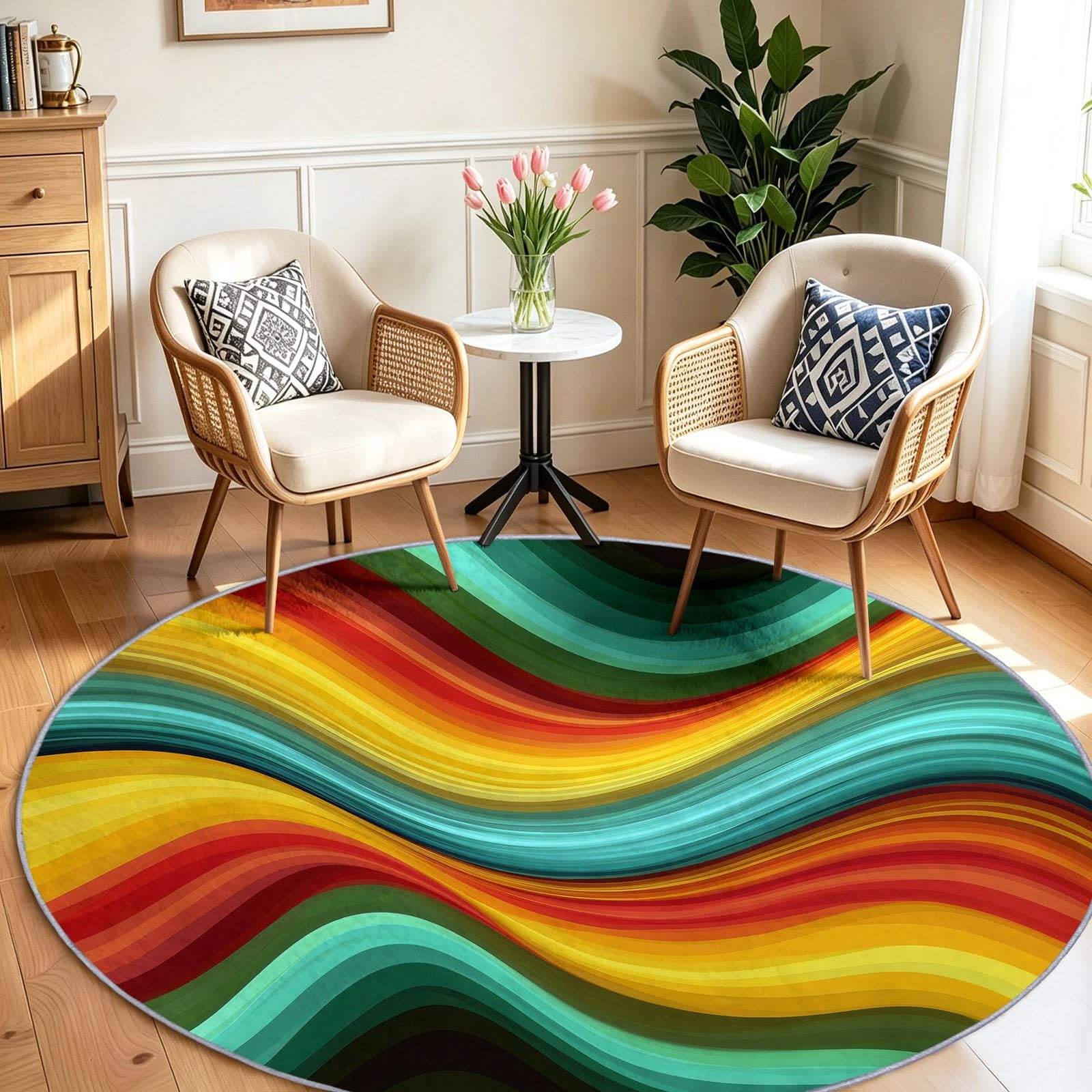 Générique Tapis Enfant Rond Chambre d'enfant Filles Garçons, Pop Art Tapis Rond Lavable & Antidérapant pour Salon Chambre Cuisine Salle à Manger Chambre (100 cm, Vagues Arc Ciel)