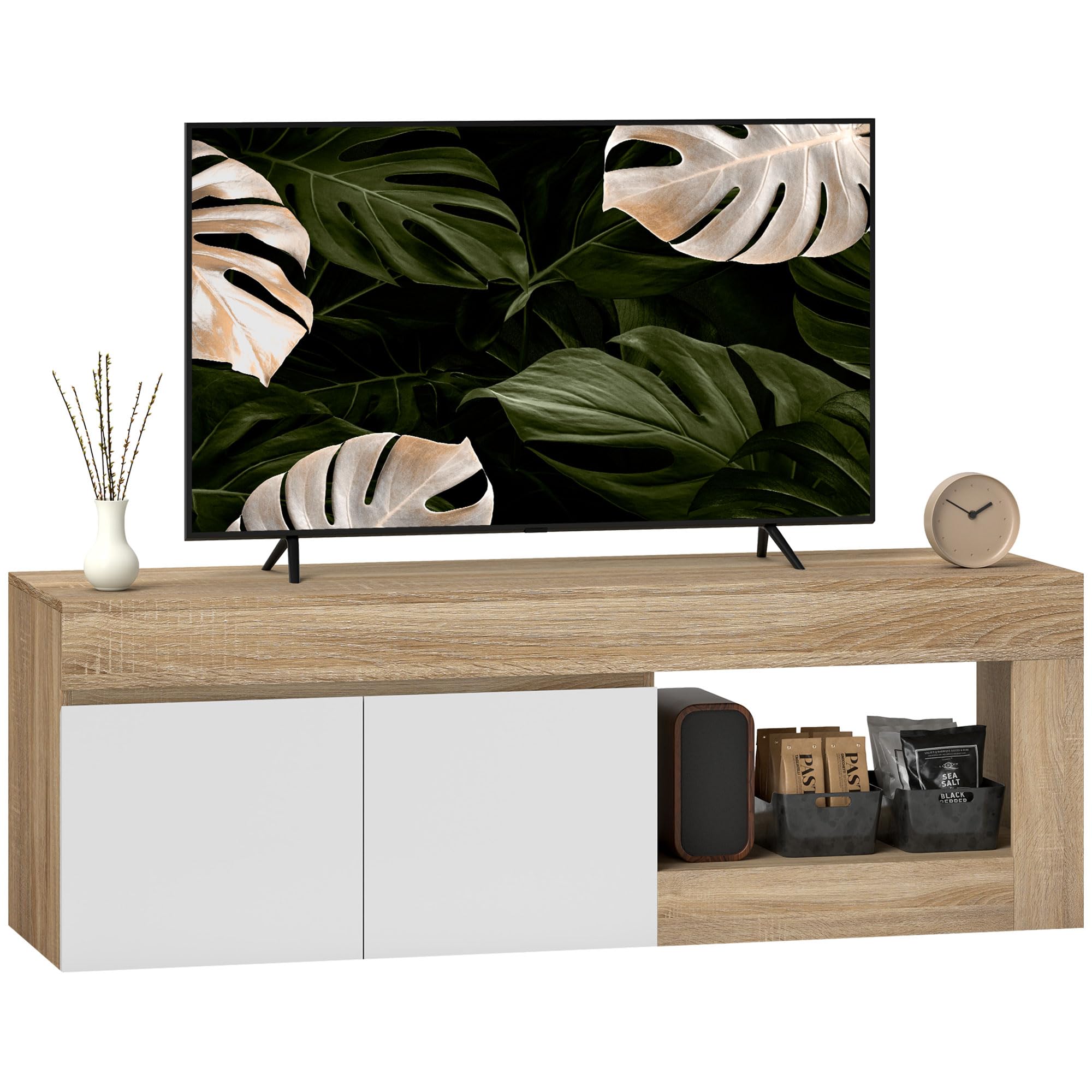 HOMCOM Meuble TV 140 cm, Meuble Télé pour Téléviseur jusqu'à 60 Pouces avec 2 Portes à Fermeture Douce et Compartiment Ouvert, Banc TV Moderne pour Salon, Chambre à Coucher, Effet Bois Naturel