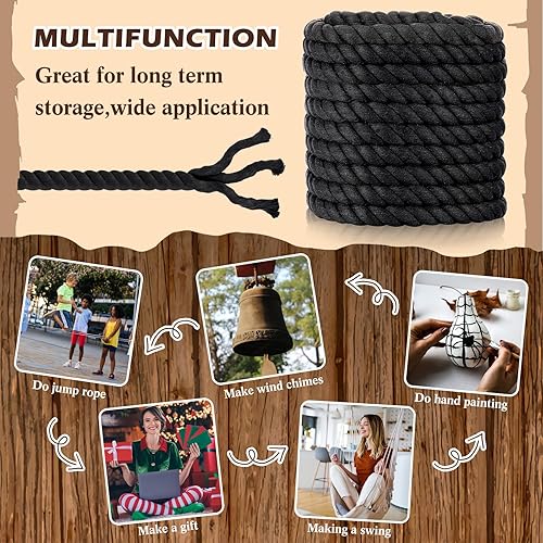 Miniatura 5 de Jenaai Cuerda de algodón trenzado de 1 pulgada x 50 pies, cuerda de triple hebra suave y gruesa, cuerda negra para uso en interiores y exteriores,